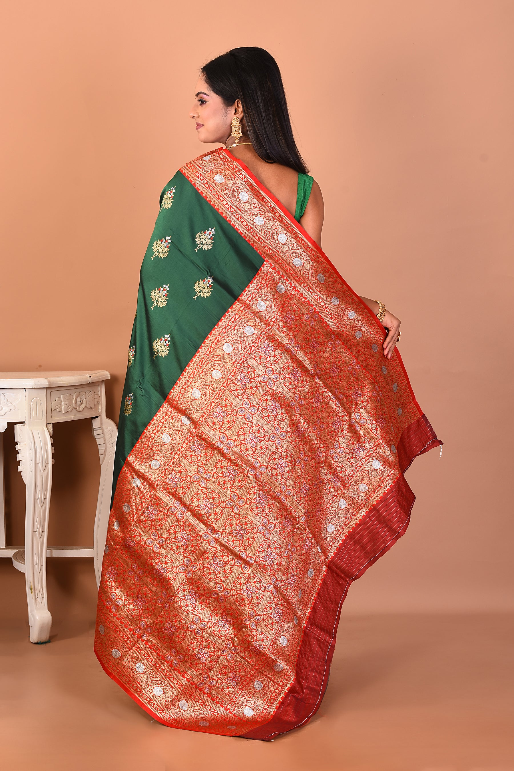 Dark Green Blended Katan Silk Saree - Keya Seth Exclusive