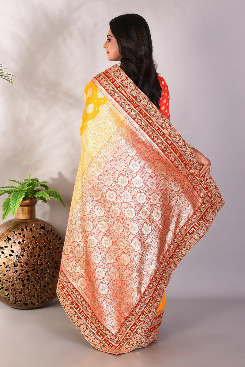 Yellow and Red Pure Katan Banarasi Saree - Keya Seth Exclusive
