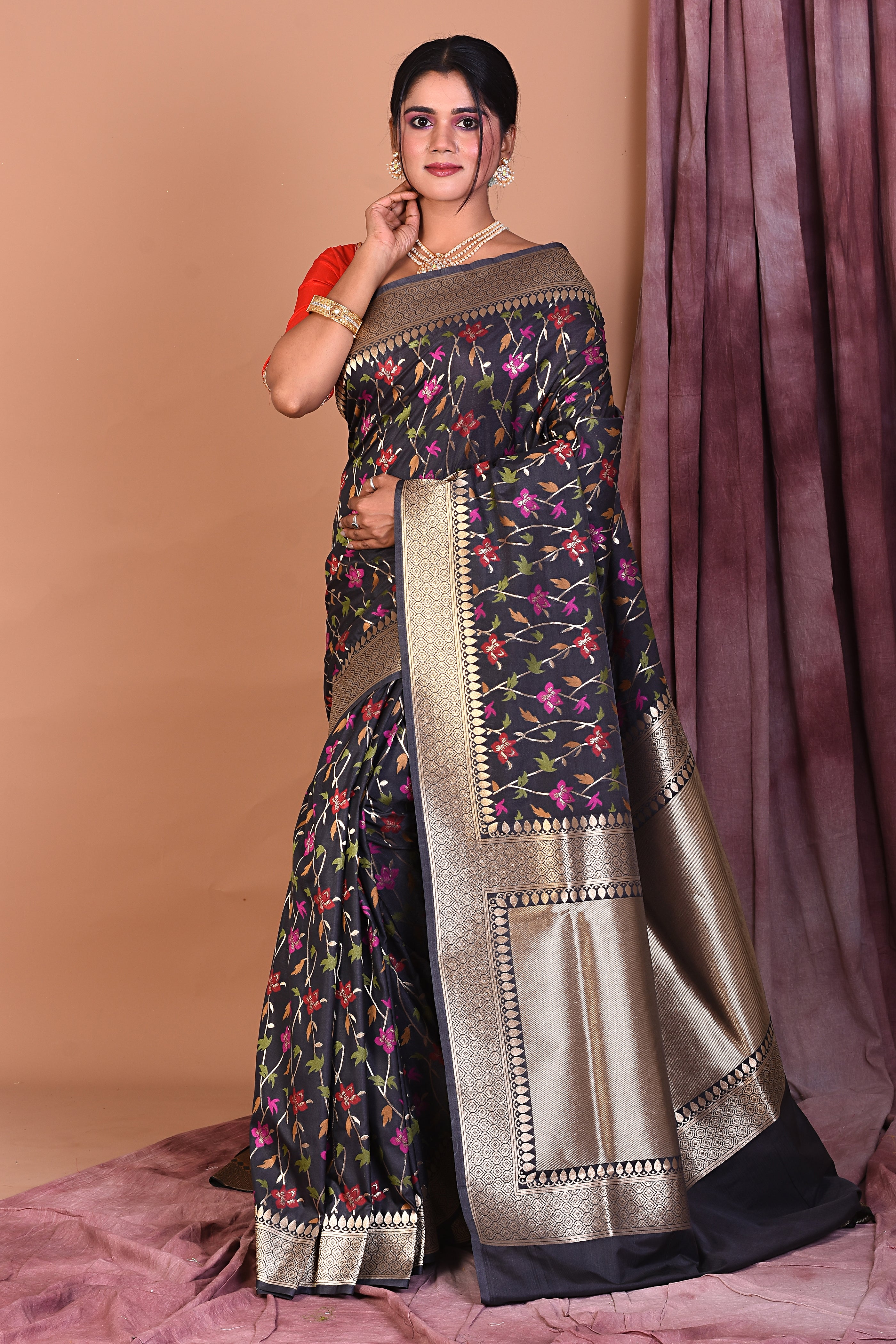 Black Blended Katan Saree with Golden Borders - Keya Seth Exclusive