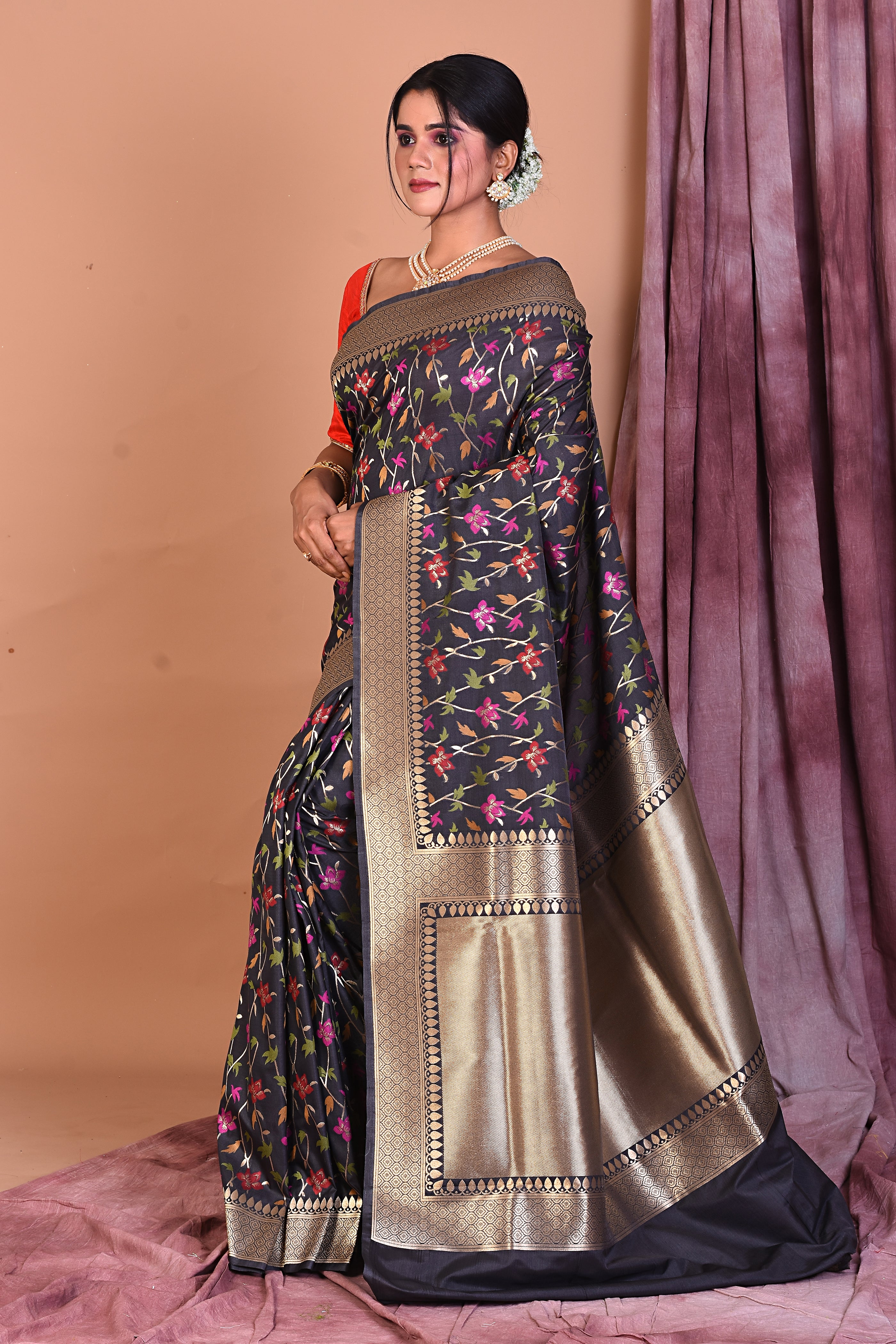Black Blended Katan Saree with Golden Borders - Keya Seth Exclusive