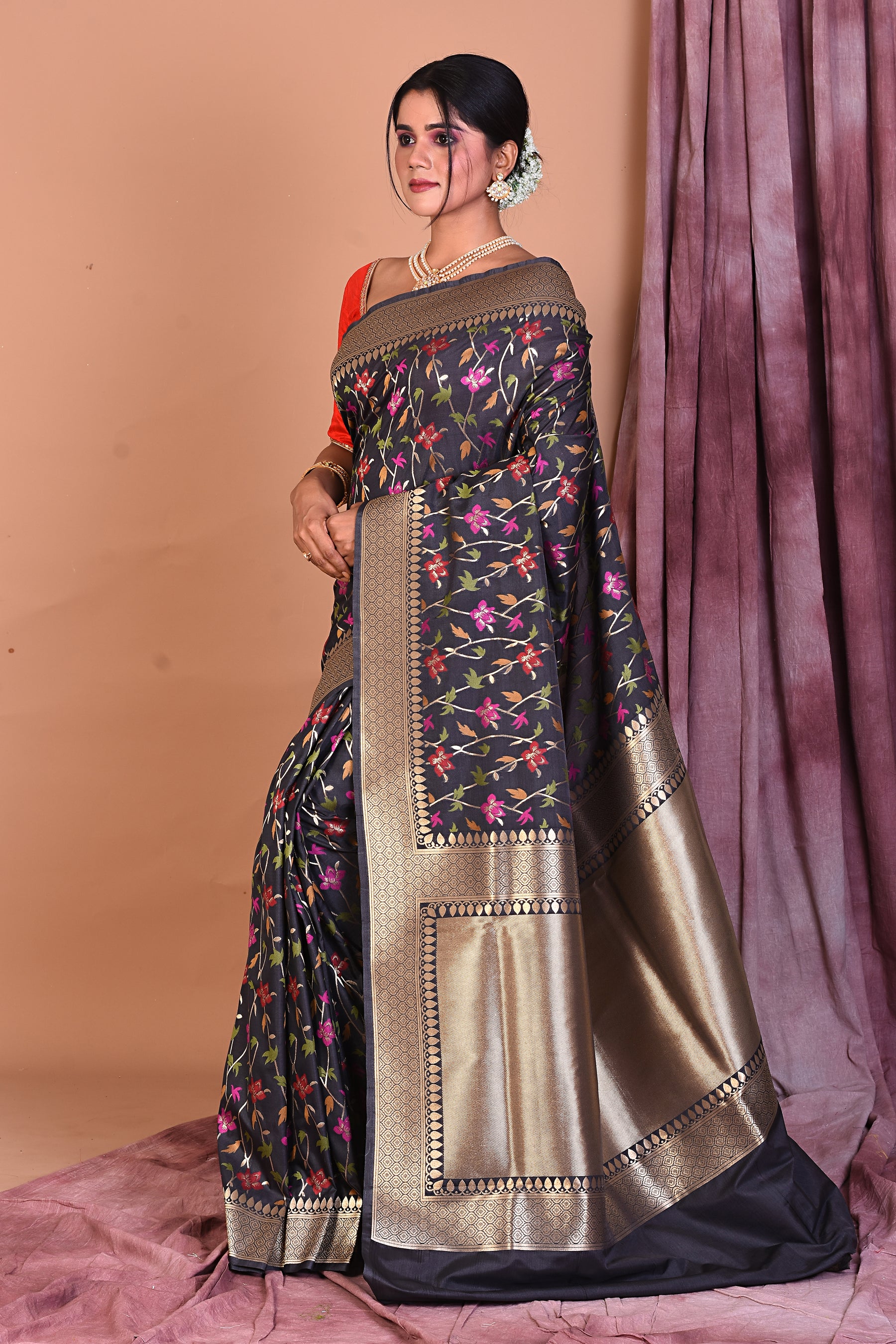 Black Blended Katan Saree with Golden Borders - Keya Seth Exclusive