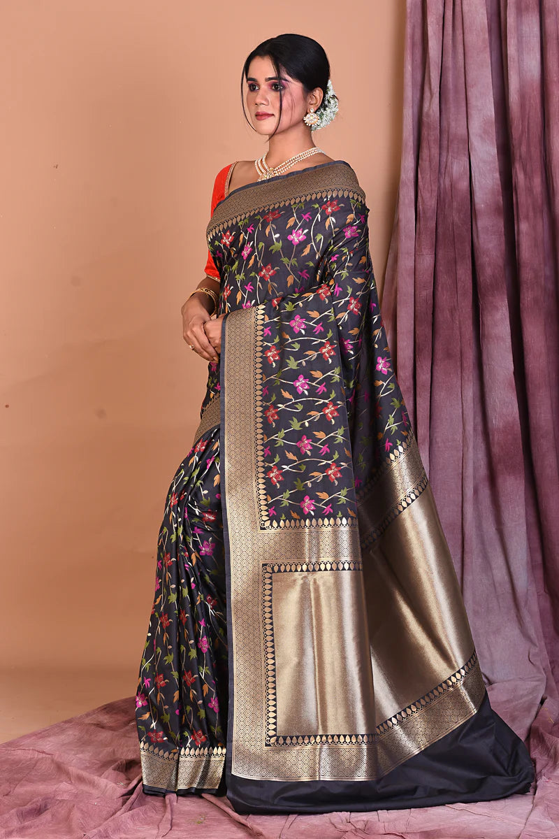 Black Blended Katan Saree with Golden Borders - Keya Seth Exclusive