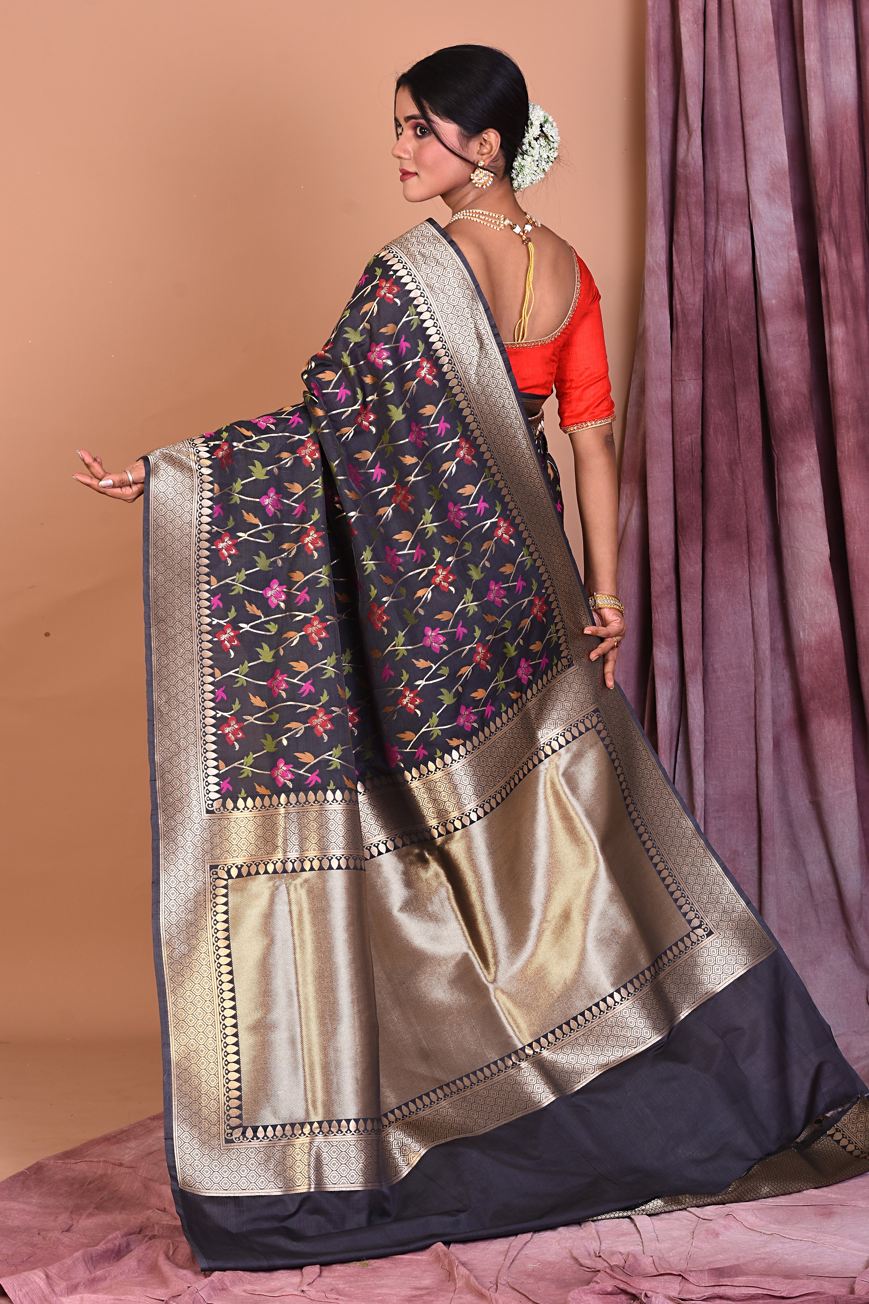 Black Blended Katan Saree with Golden Borders - Keya Seth Exclusive