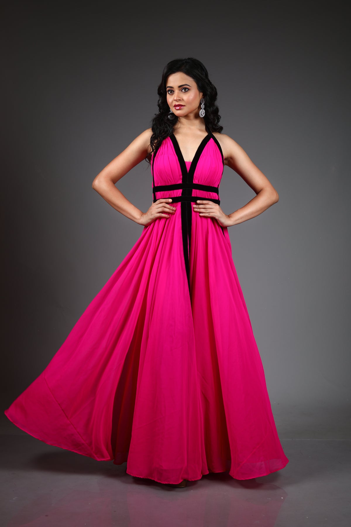 Fuchsia Pink Georgette Long Gown