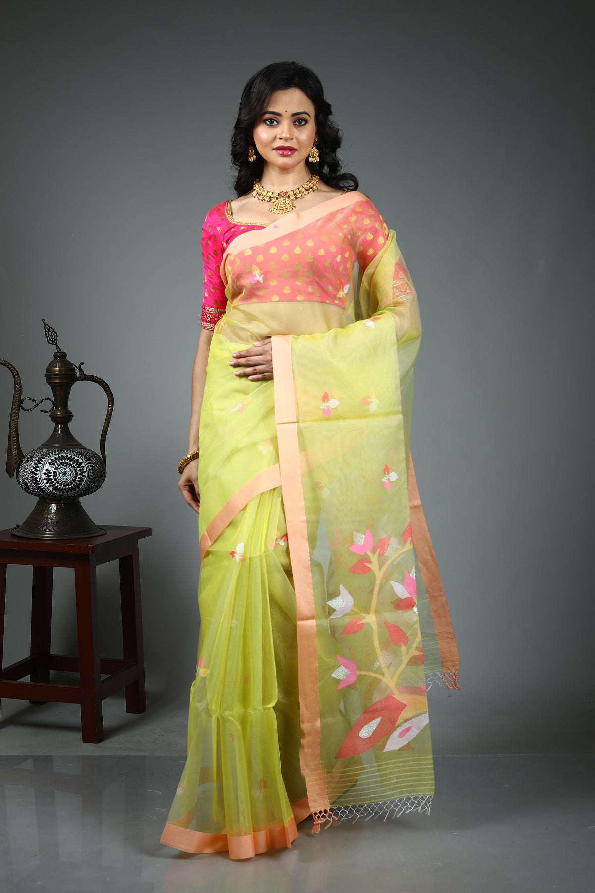 Lemon Yellow Pure Muslin Saree