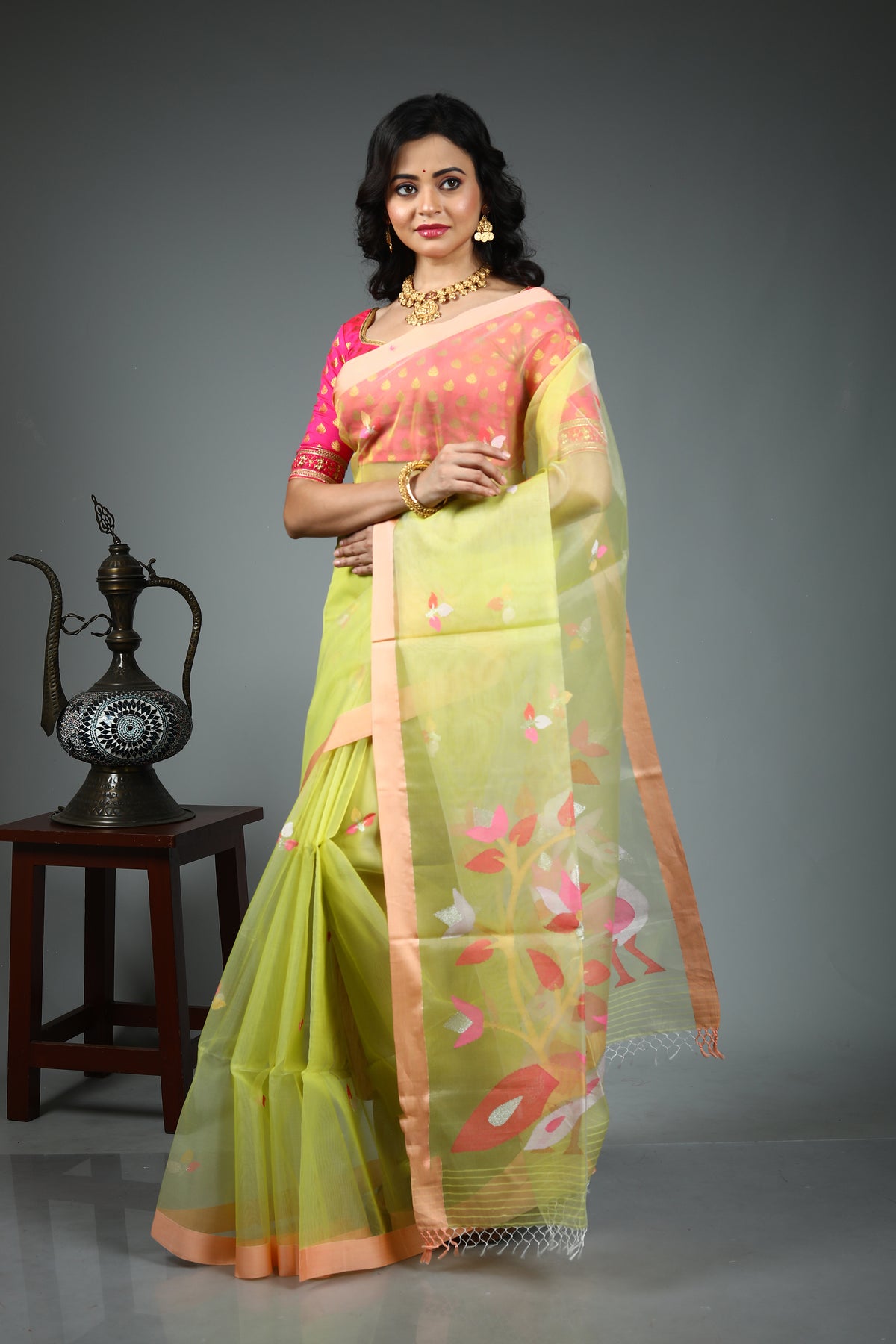 Lemon Yellow Pure Muslin Saree
