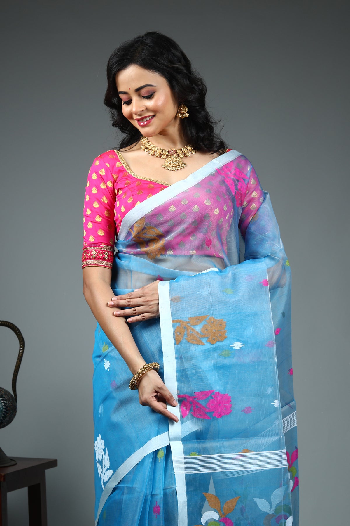 Blue Pure Muslin Saree