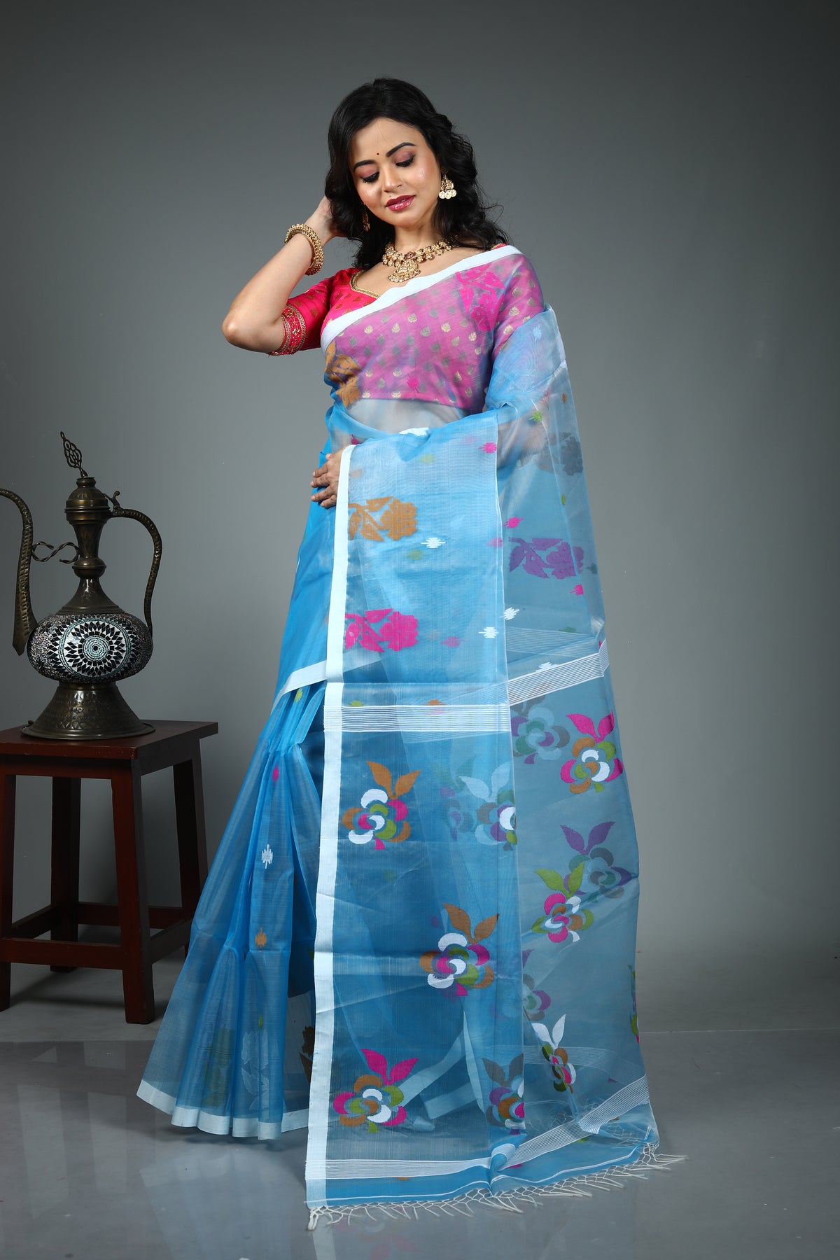 Blue Pure Muslin Saree