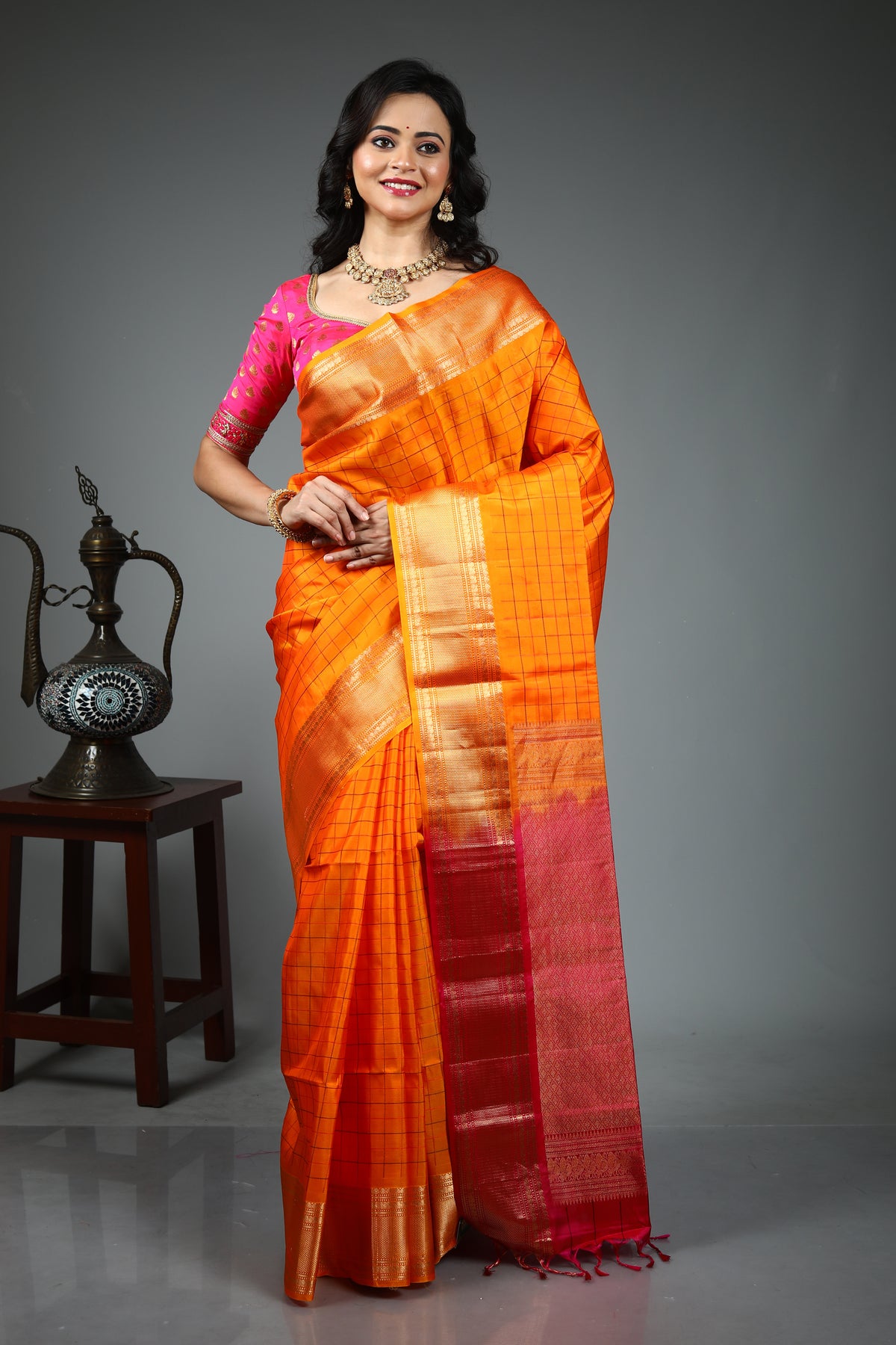 Yellow Checkered Pure Kanjivaram Silk Saree