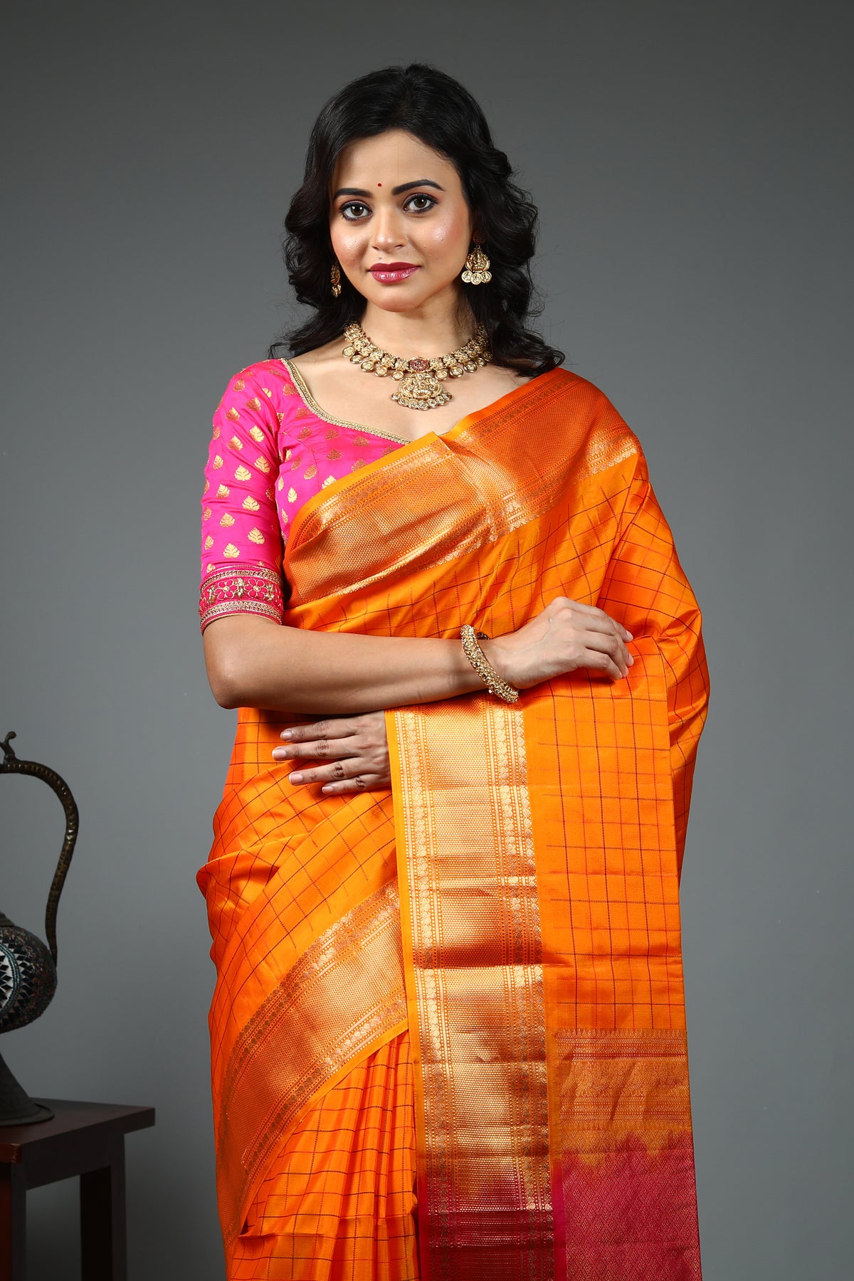 Yellow Checkered Pure Kanjivaram Silk Saree
