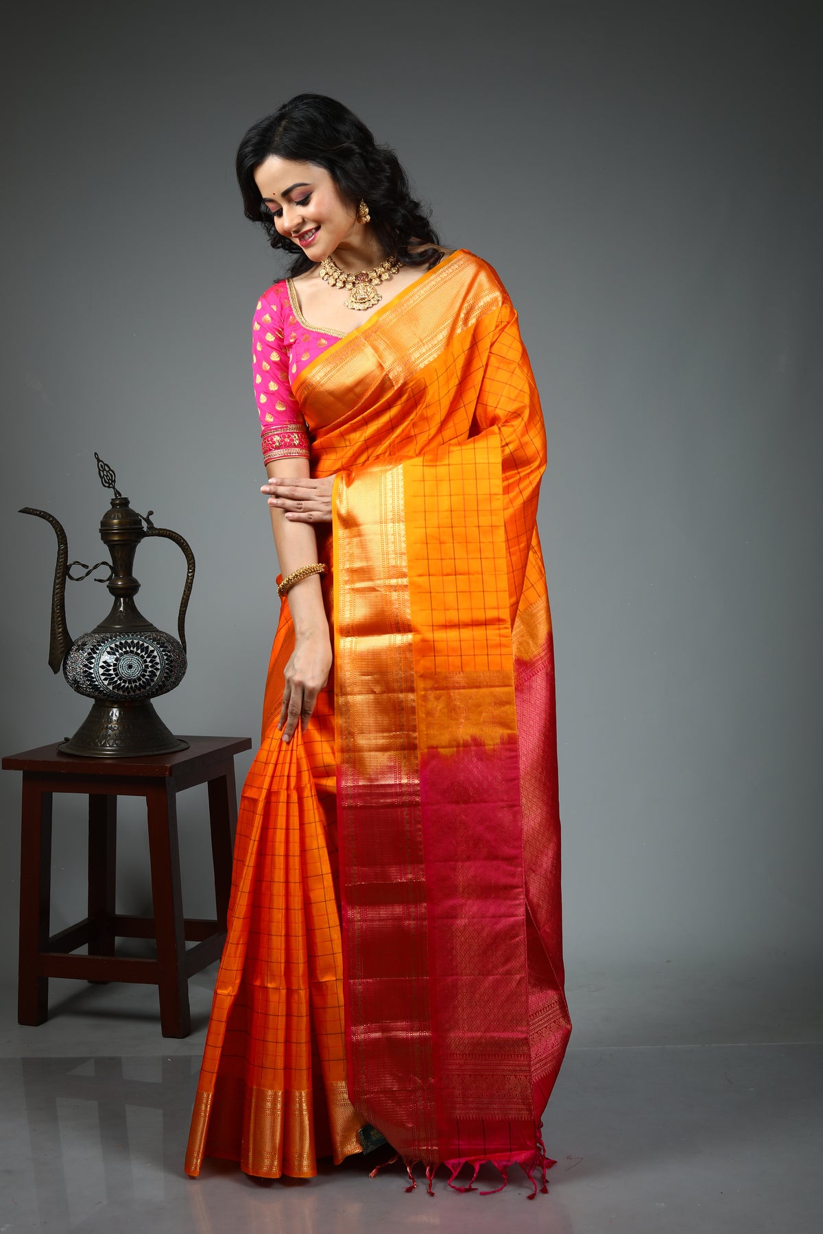 Yellow Checkered Pure Kanjivaram Silk Saree