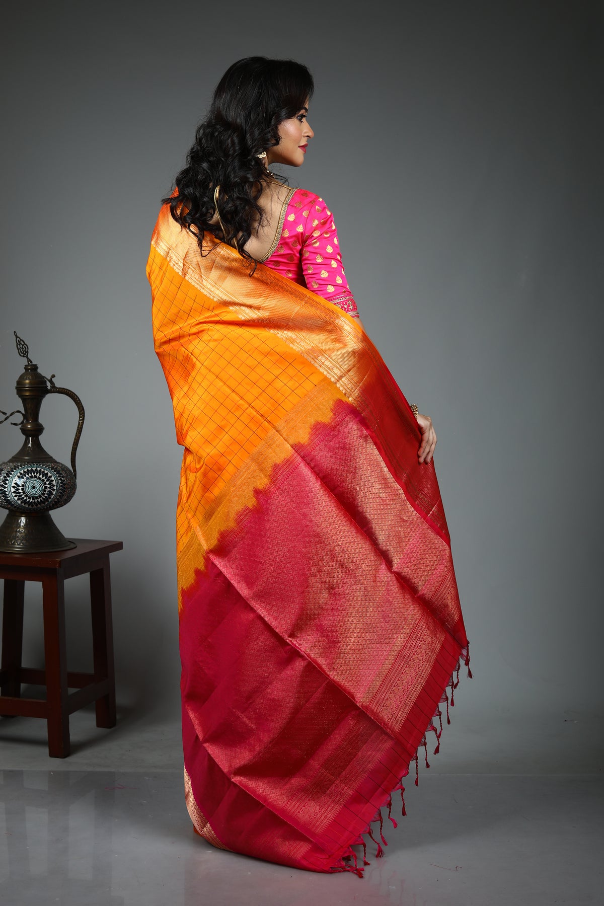 Yellow Checkered Pure Kanjivaram Silk Saree