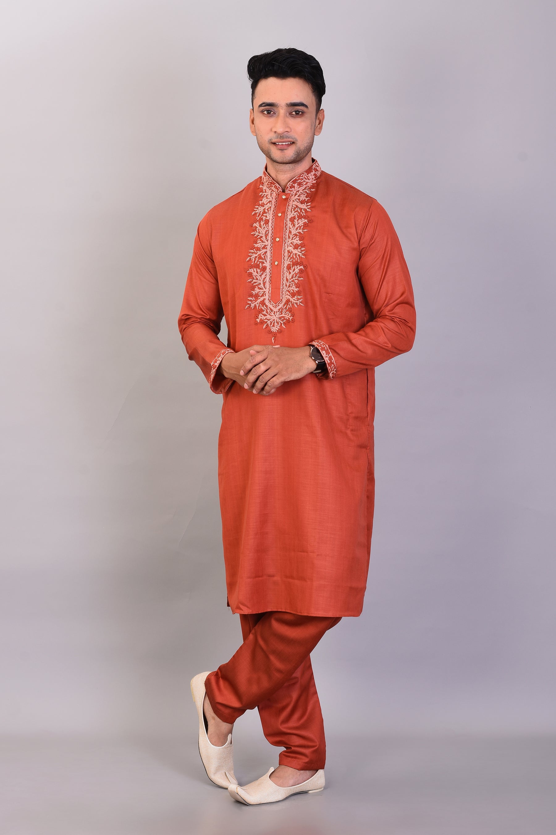 Long Brown Silk Kurta with Full Sleeves and Pajama Set - Keya Seth Exclusive
