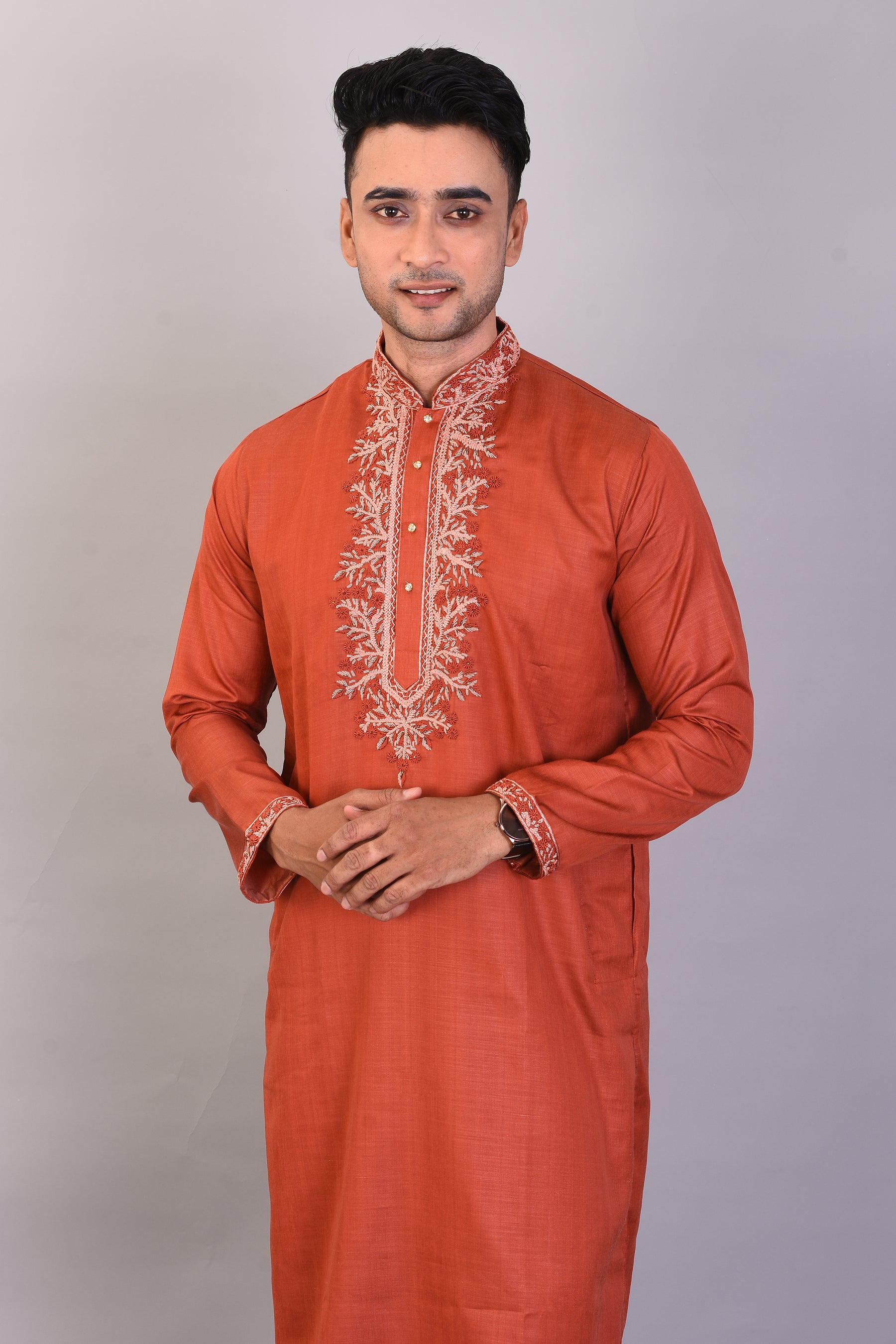 Long Brown Silk Kurta with Full Sleeves and Pajama Set - Keya Seth Exclusive
