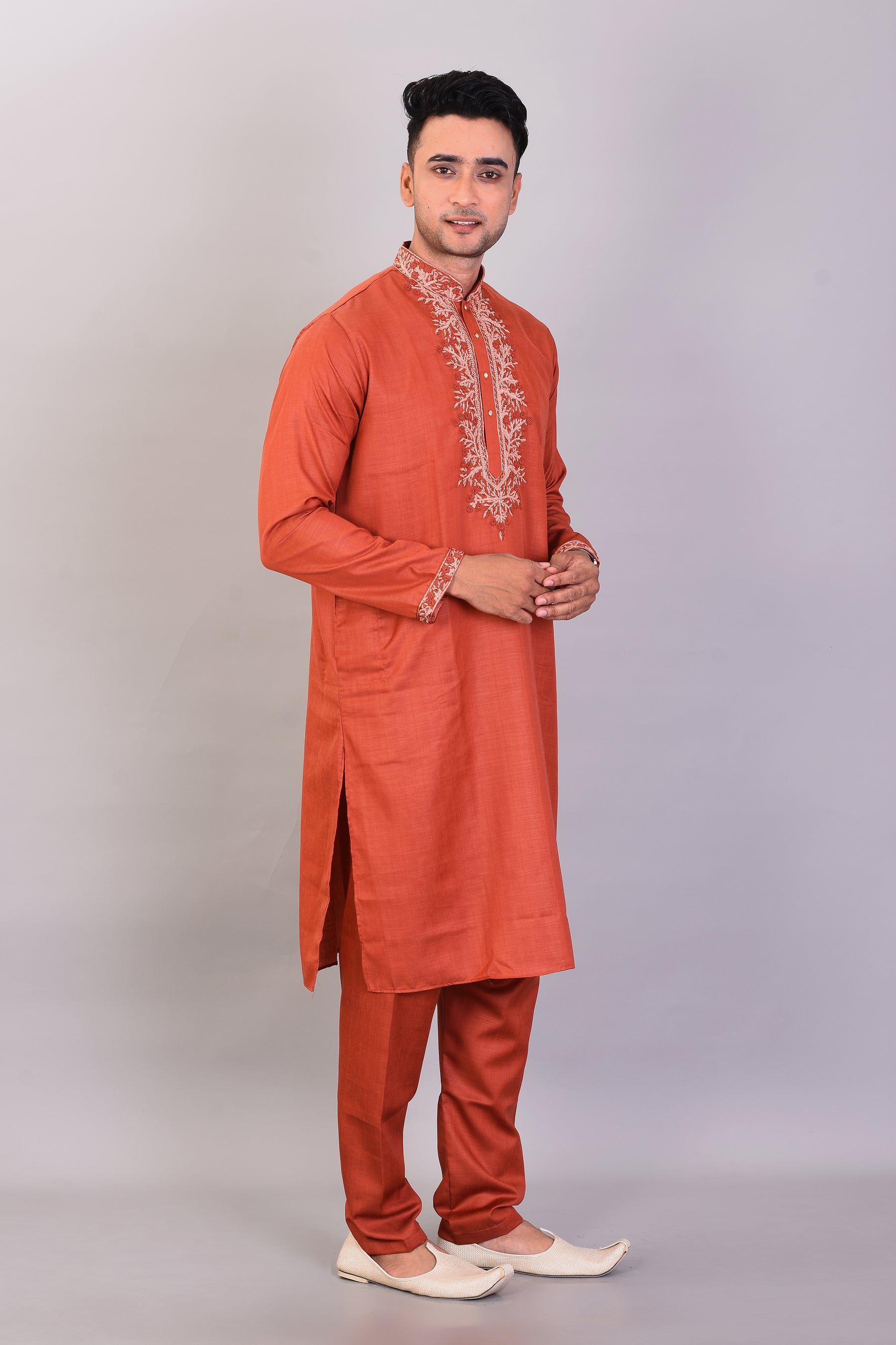 Long Brown Silk Kurta with Full Sleeves and Pajama Set - Keya Seth Exclusive
