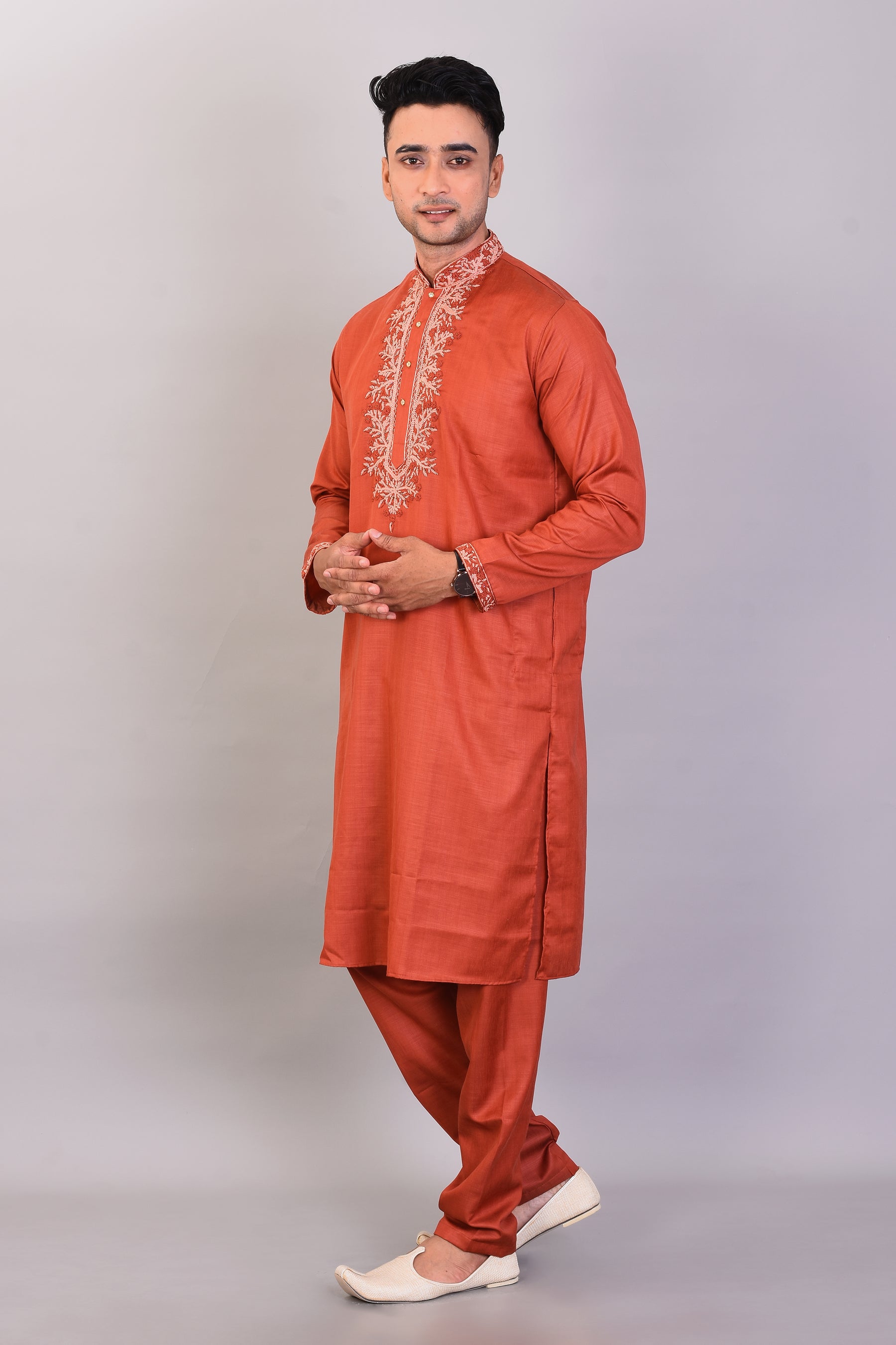 Long Brown Silk Kurta with Full Sleeves and Pajama Set - Keya Seth Exclusive