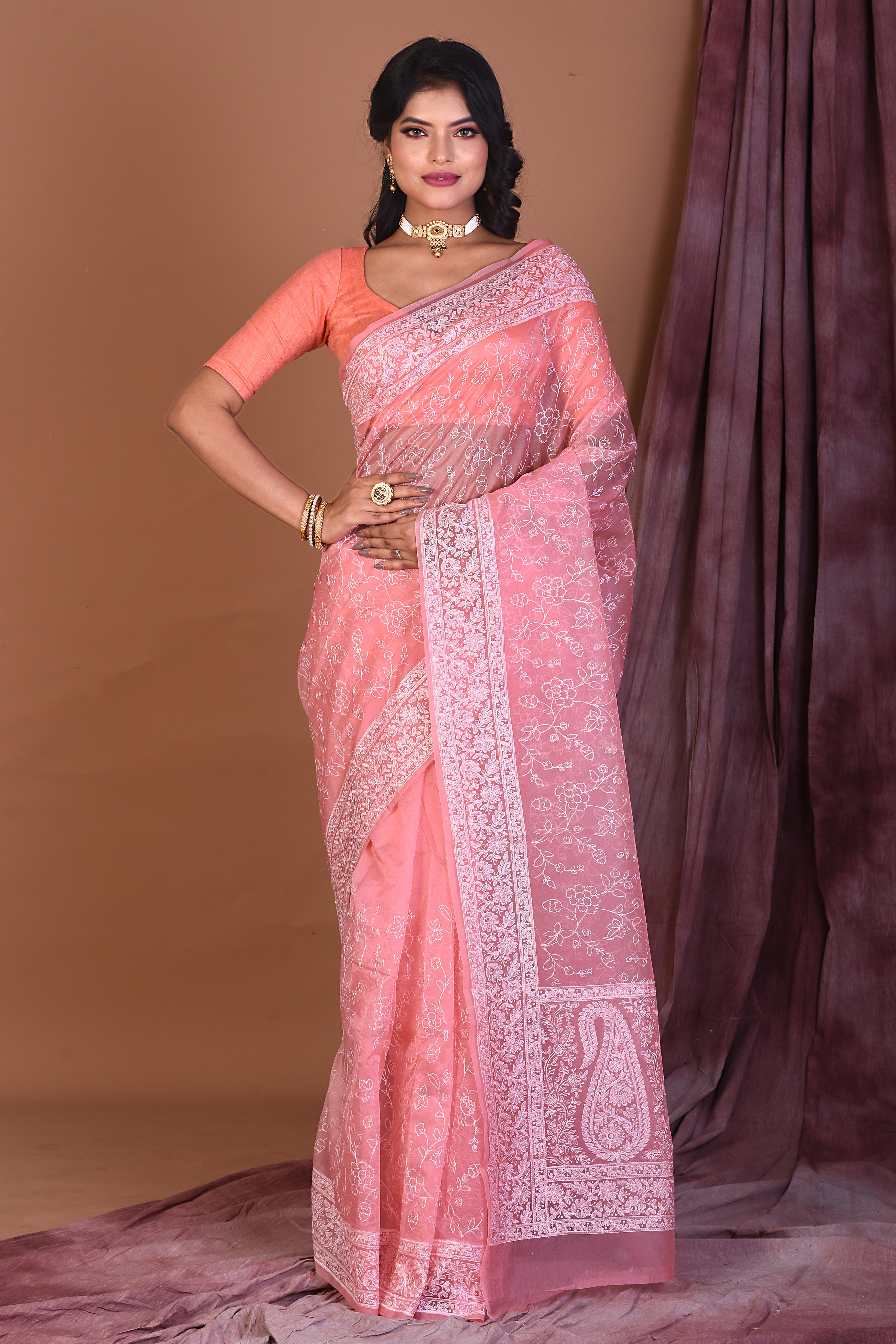Baby Pink Blended Organza Saree with Threadwork - Keya Seth Exclusive