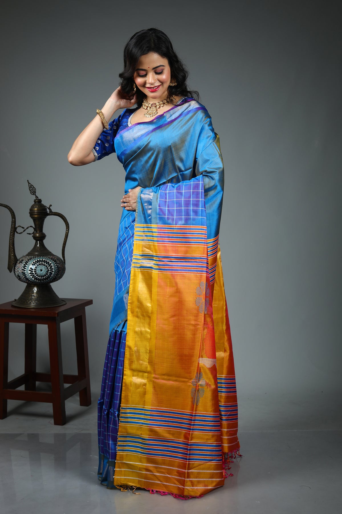 Blue Pure Checkered Kanjivaram Silk Saree