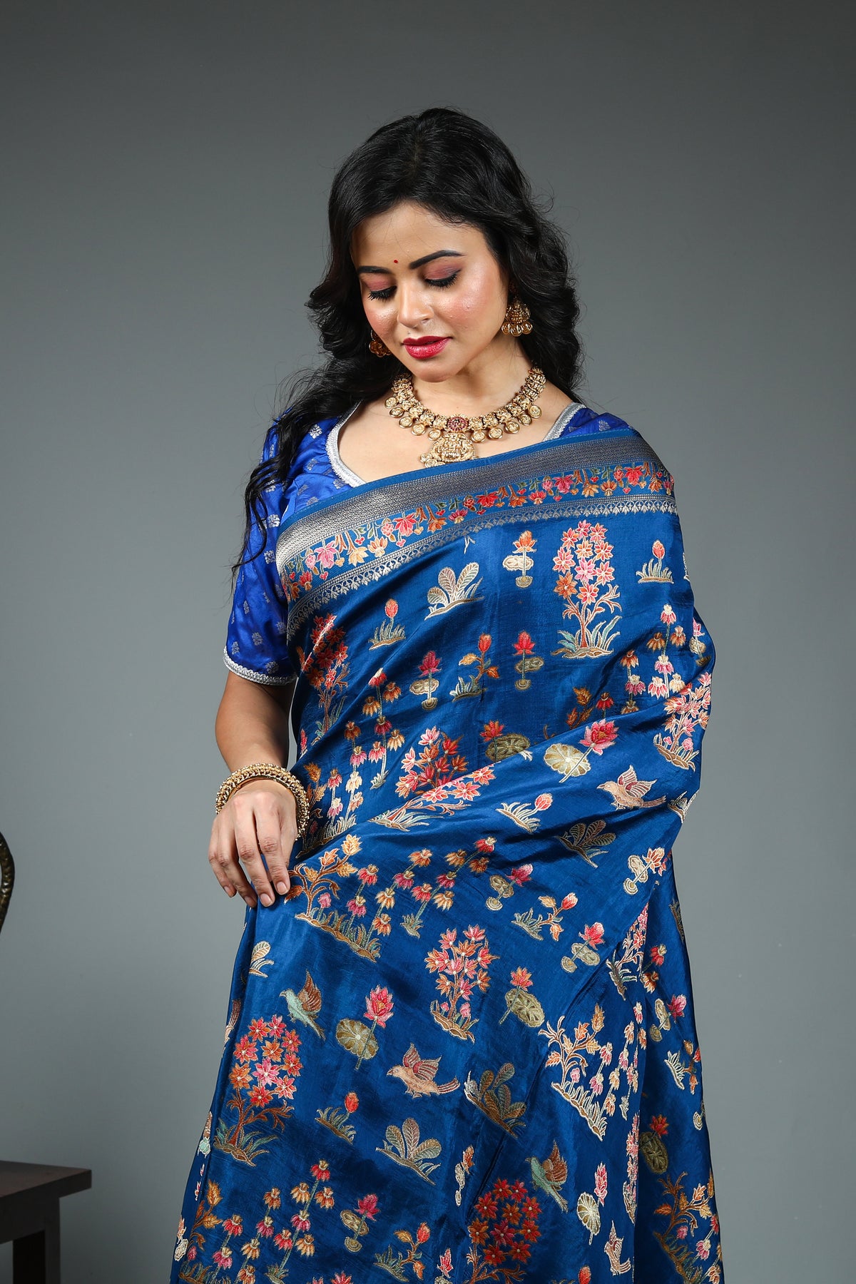 Blue Blended Printed Silk Saree