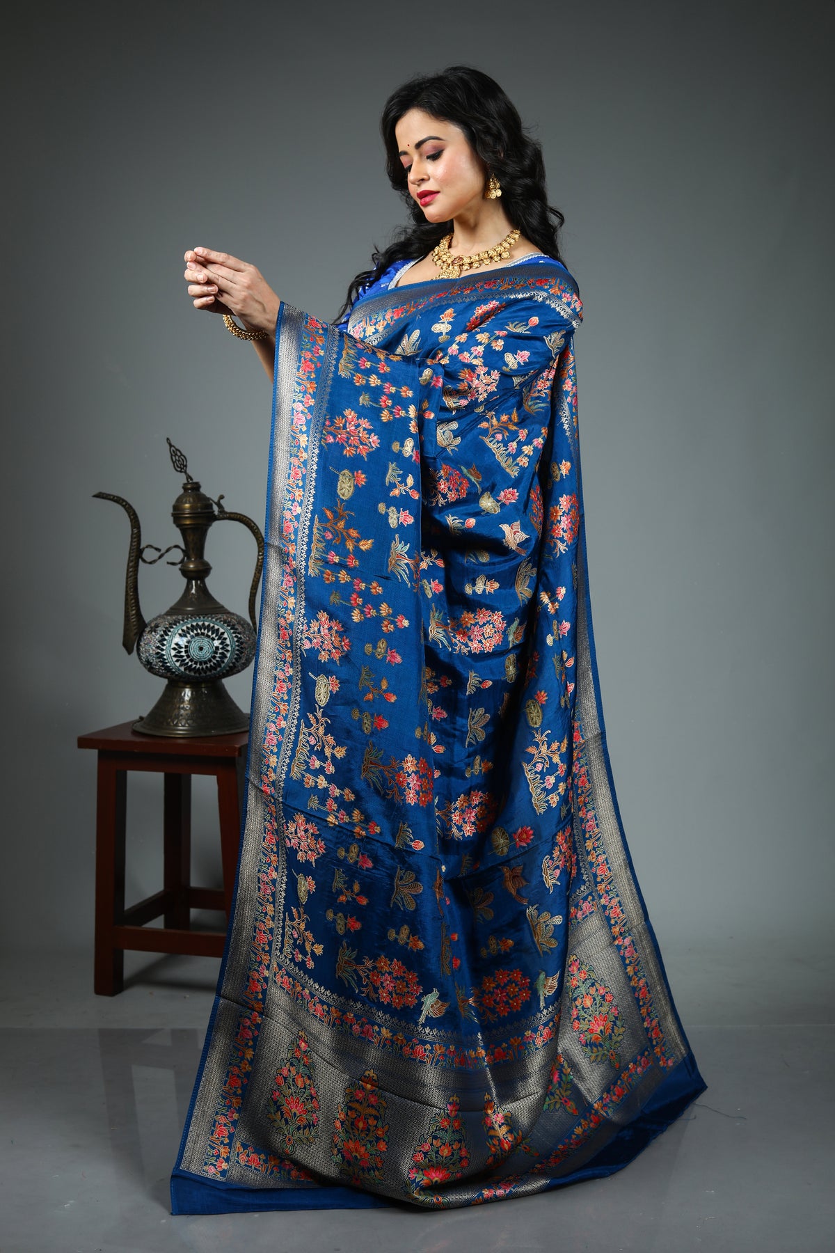 Blue Blended Printed Silk Saree