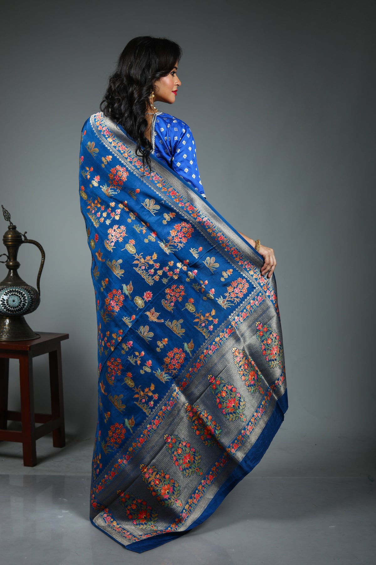 Blue Blended Printed Silk Saree