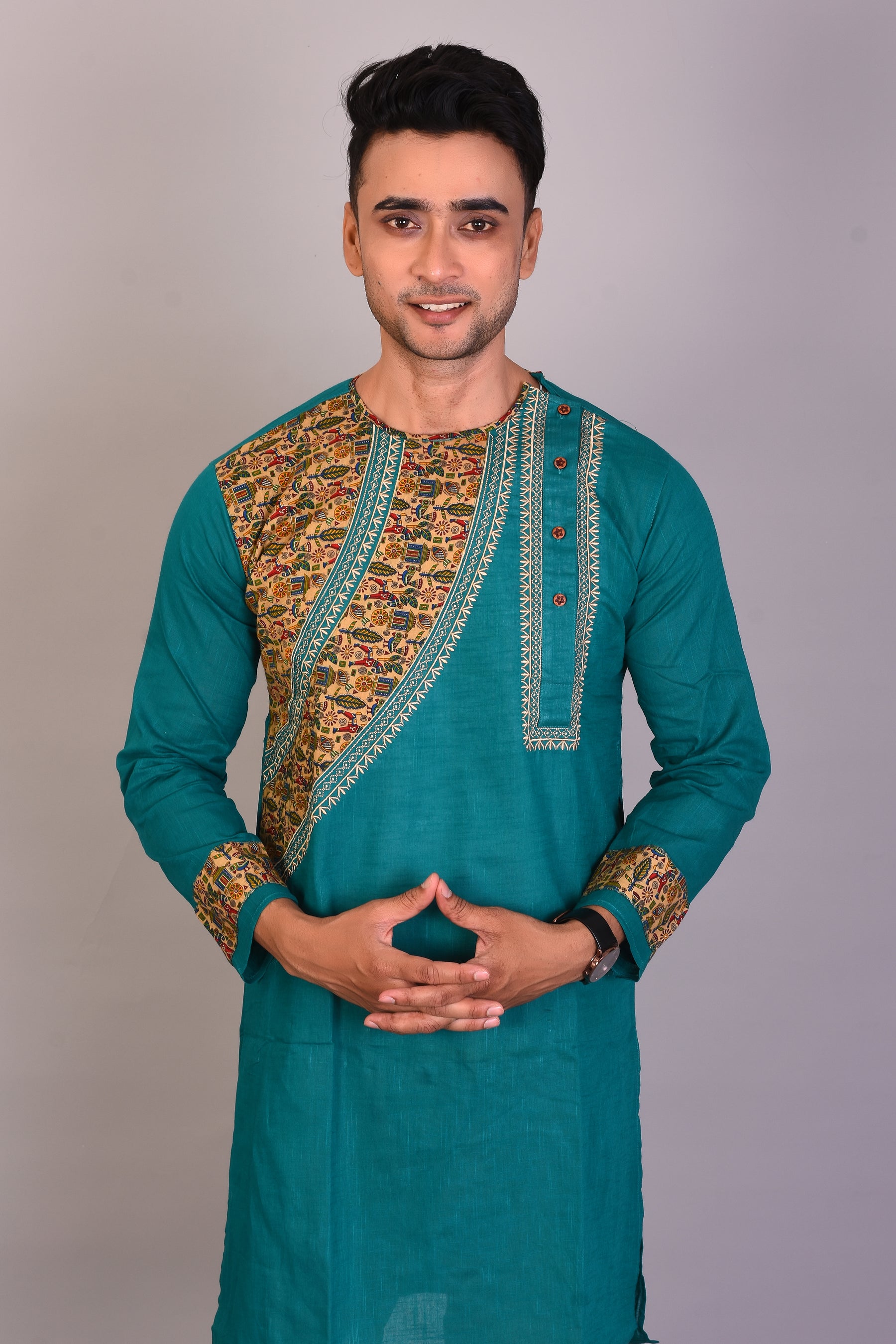 Long Green Cotton Kurta with Full Sleeves - Keya Seth Exclusive