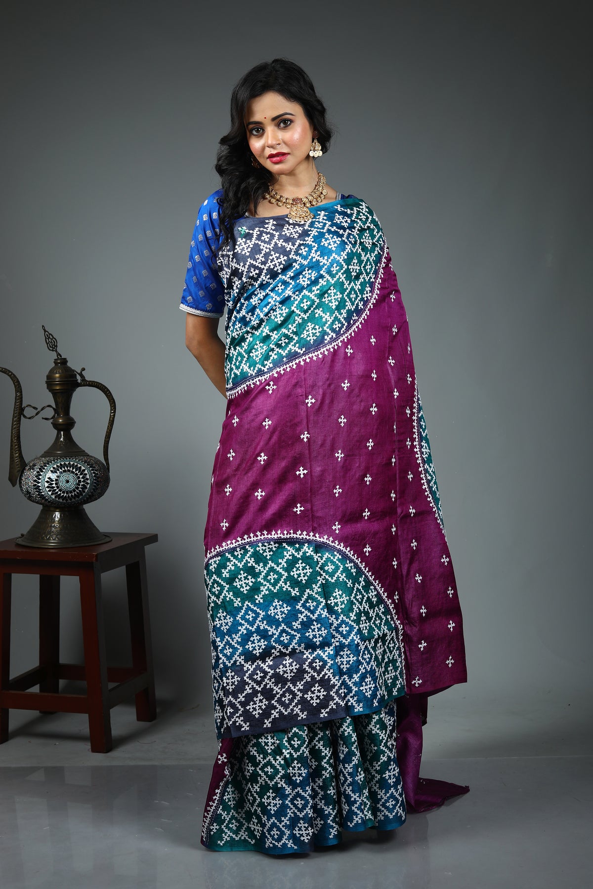 Purple Pure Kantha Silk Saree