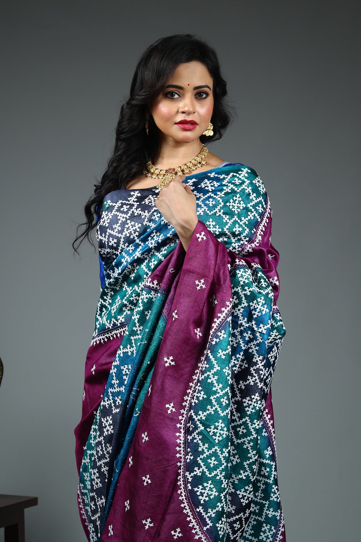 Purple Pure Kantha Silk Saree