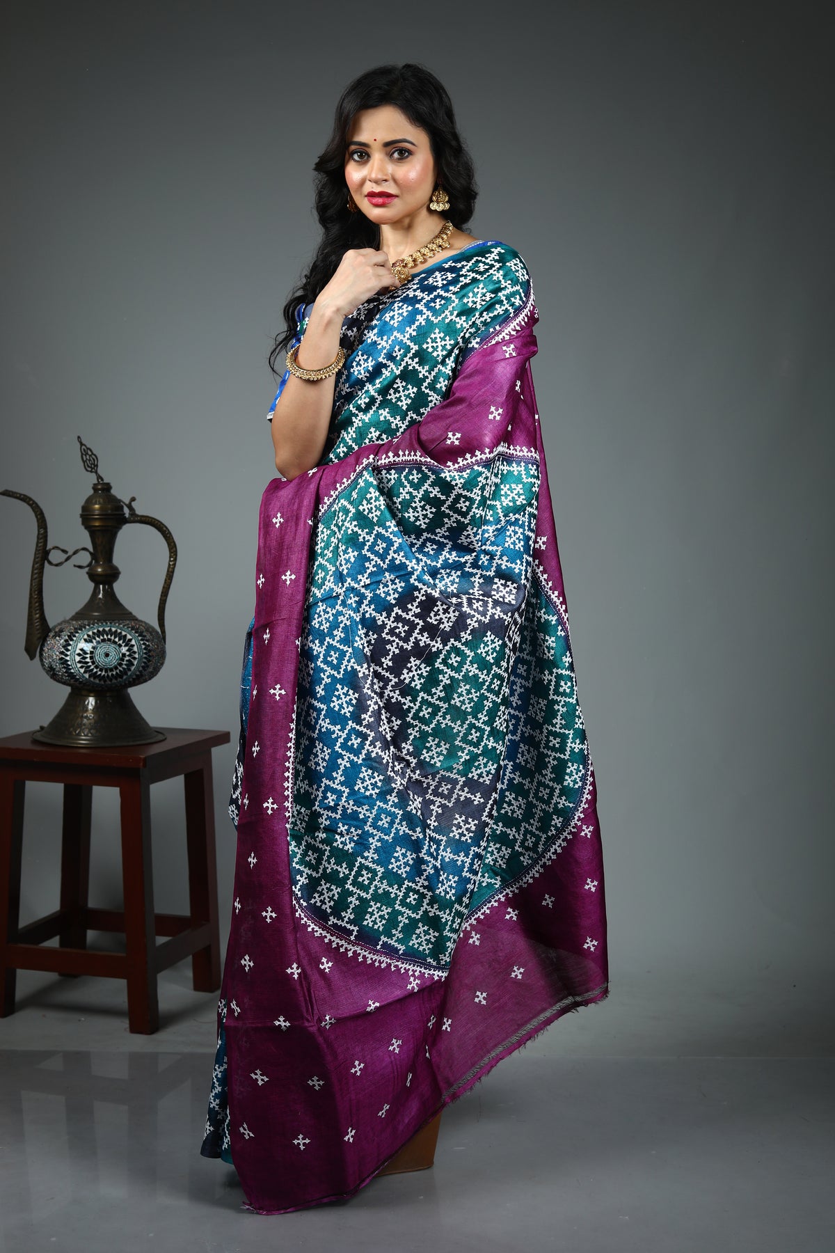 Purple Pure Kantha Silk Saree