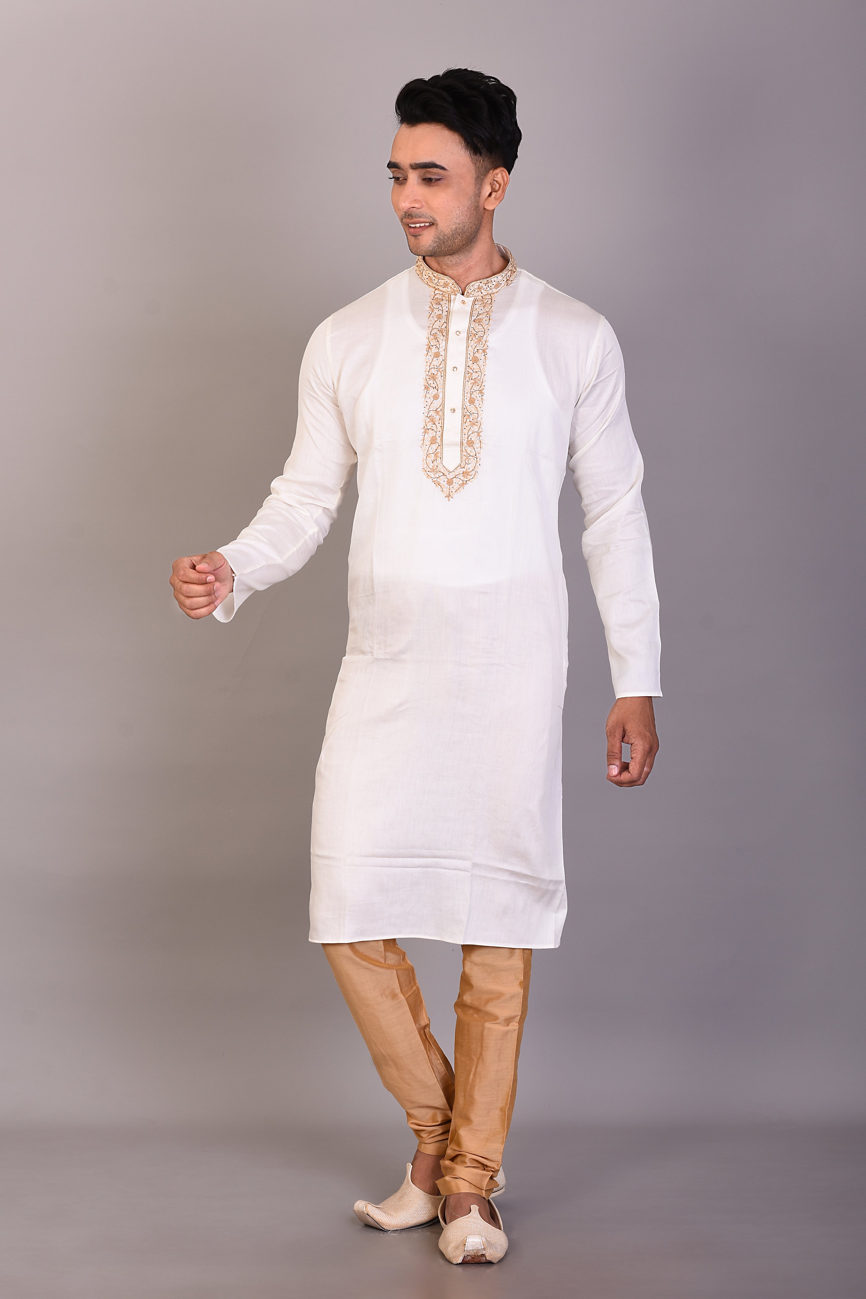Long White Silk Kurta with Full Sleeves
