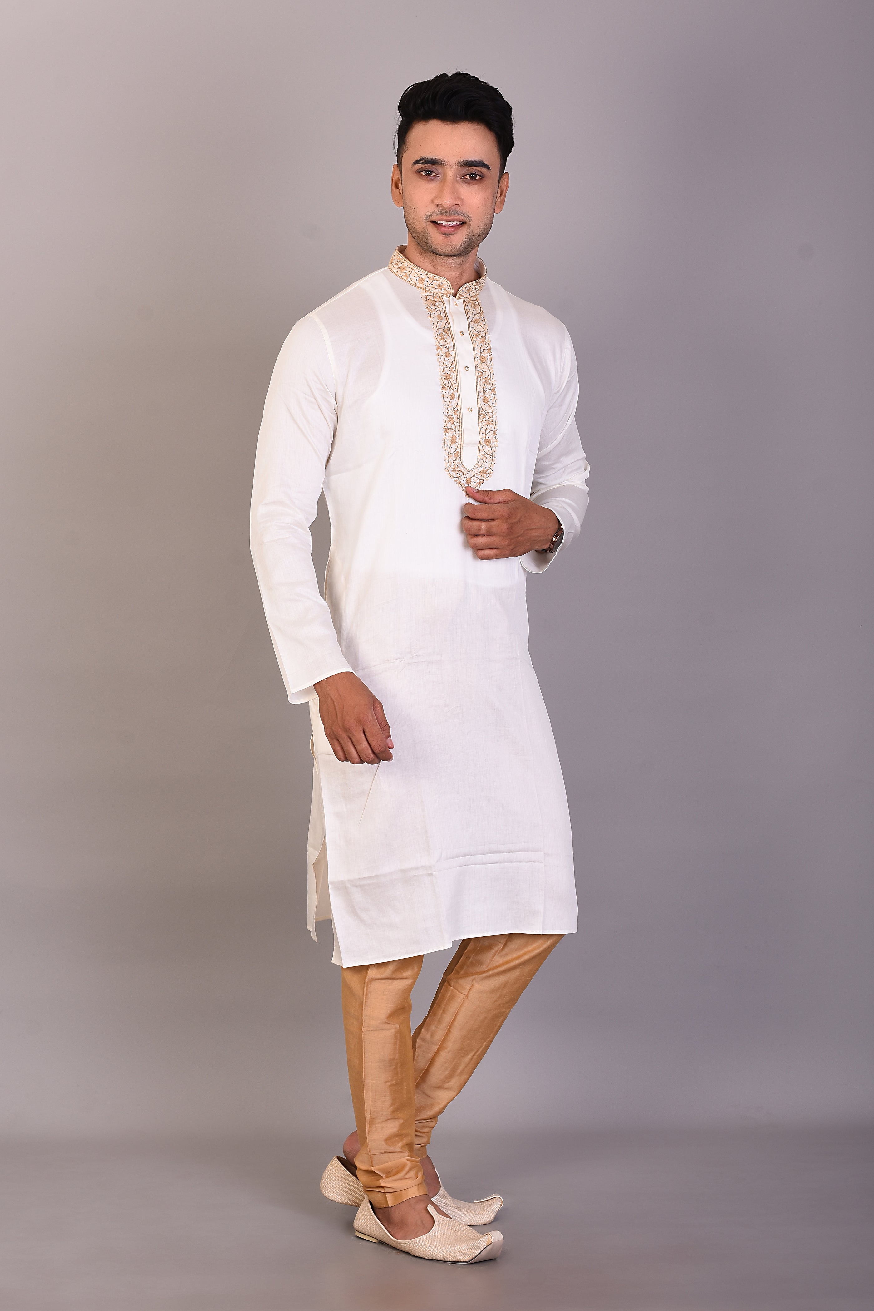 Long White Silk Kurta with Full Sleeves