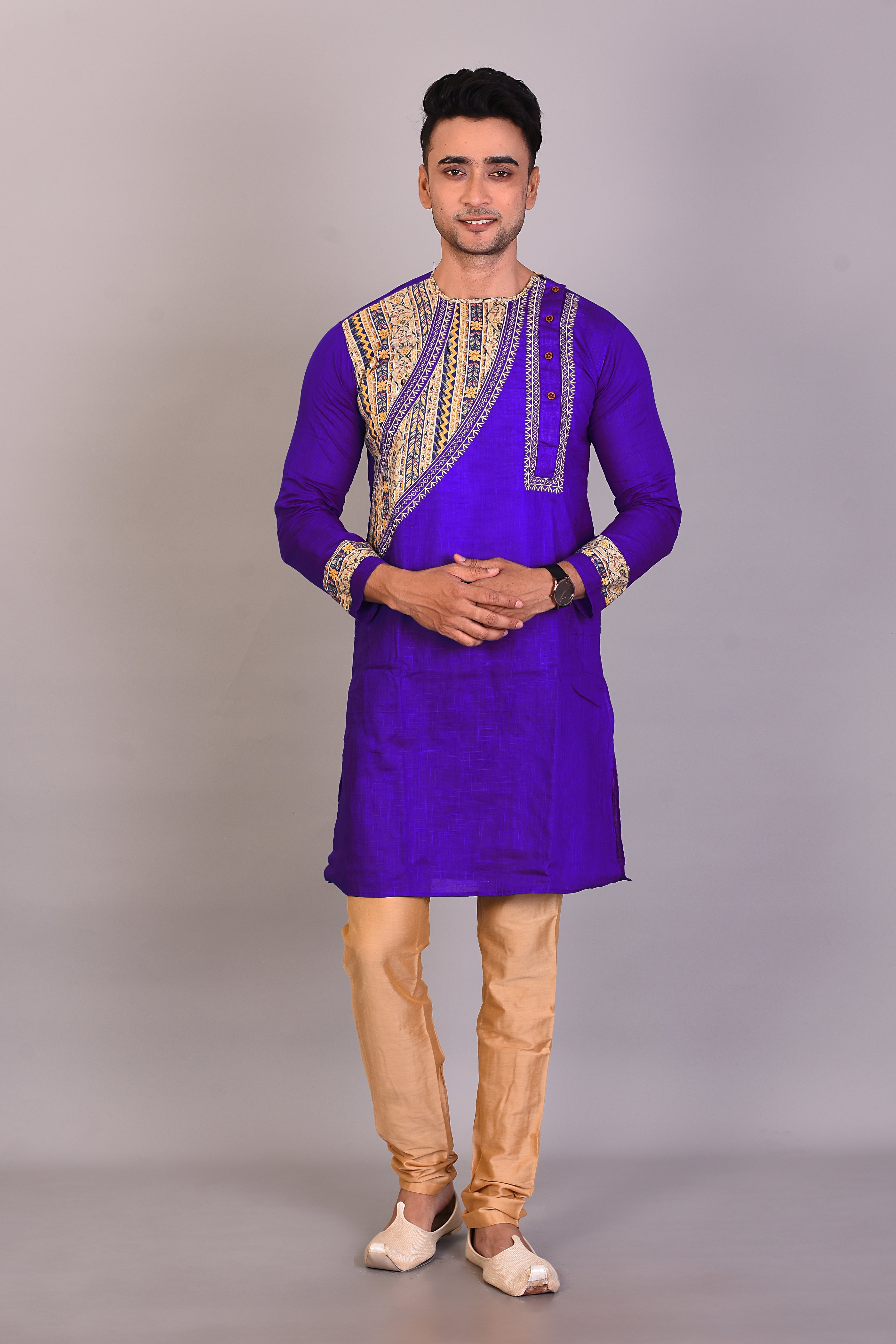 Long Royal Blue Silk Kurta with Full Sleeves