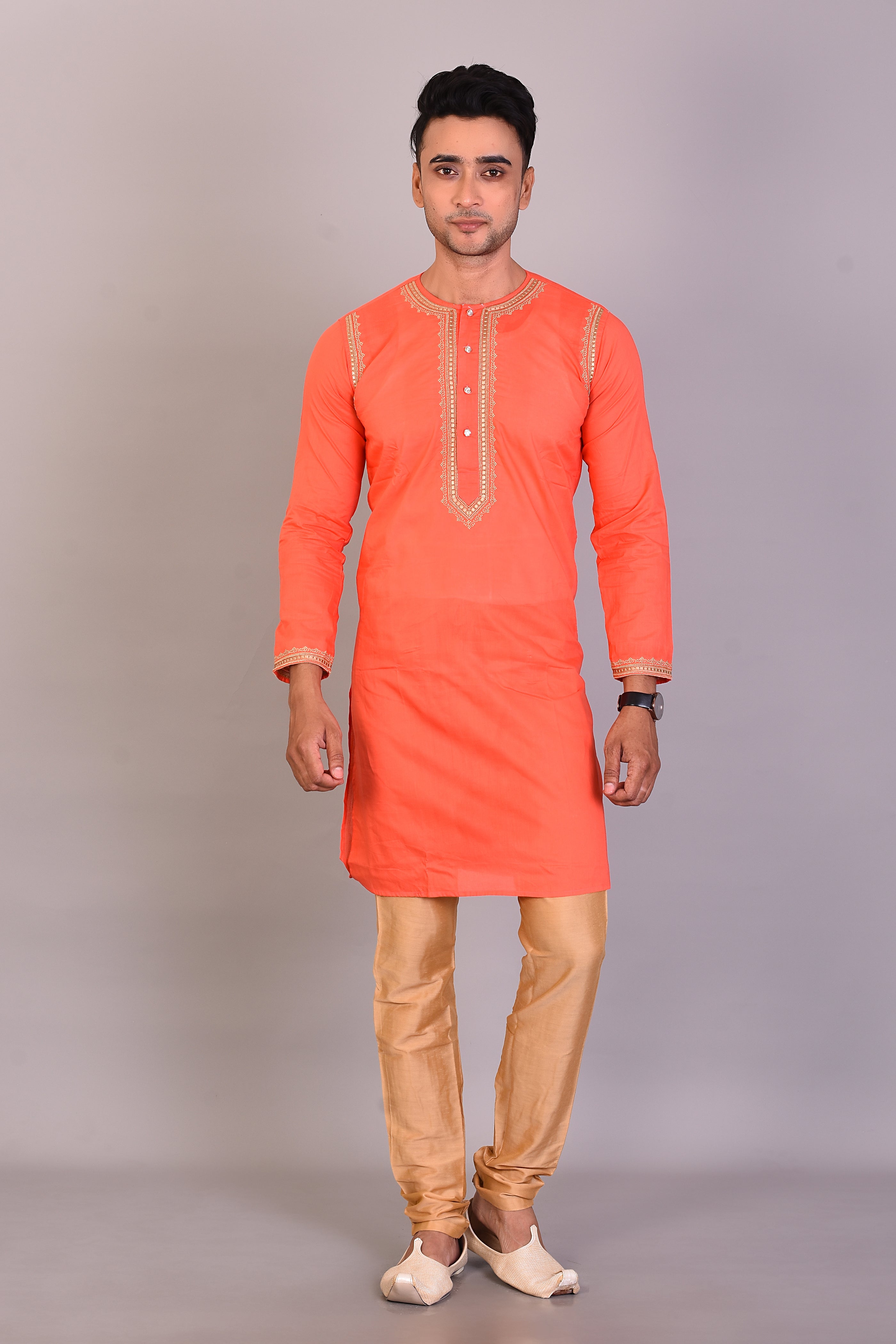 Long Orange Silk Kurta with Full Sleeves