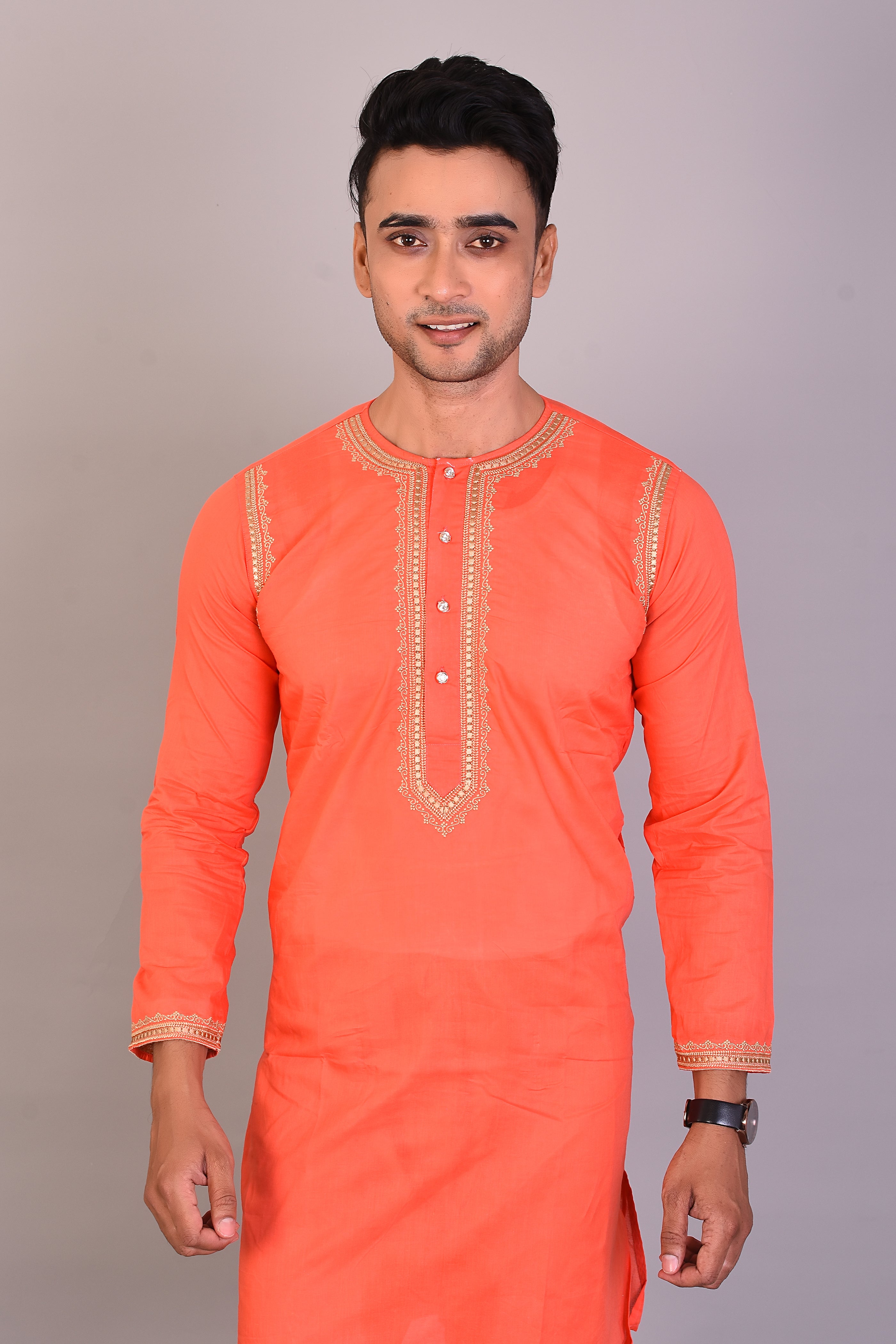Long Orange Silk Kurta with Full Sleeves