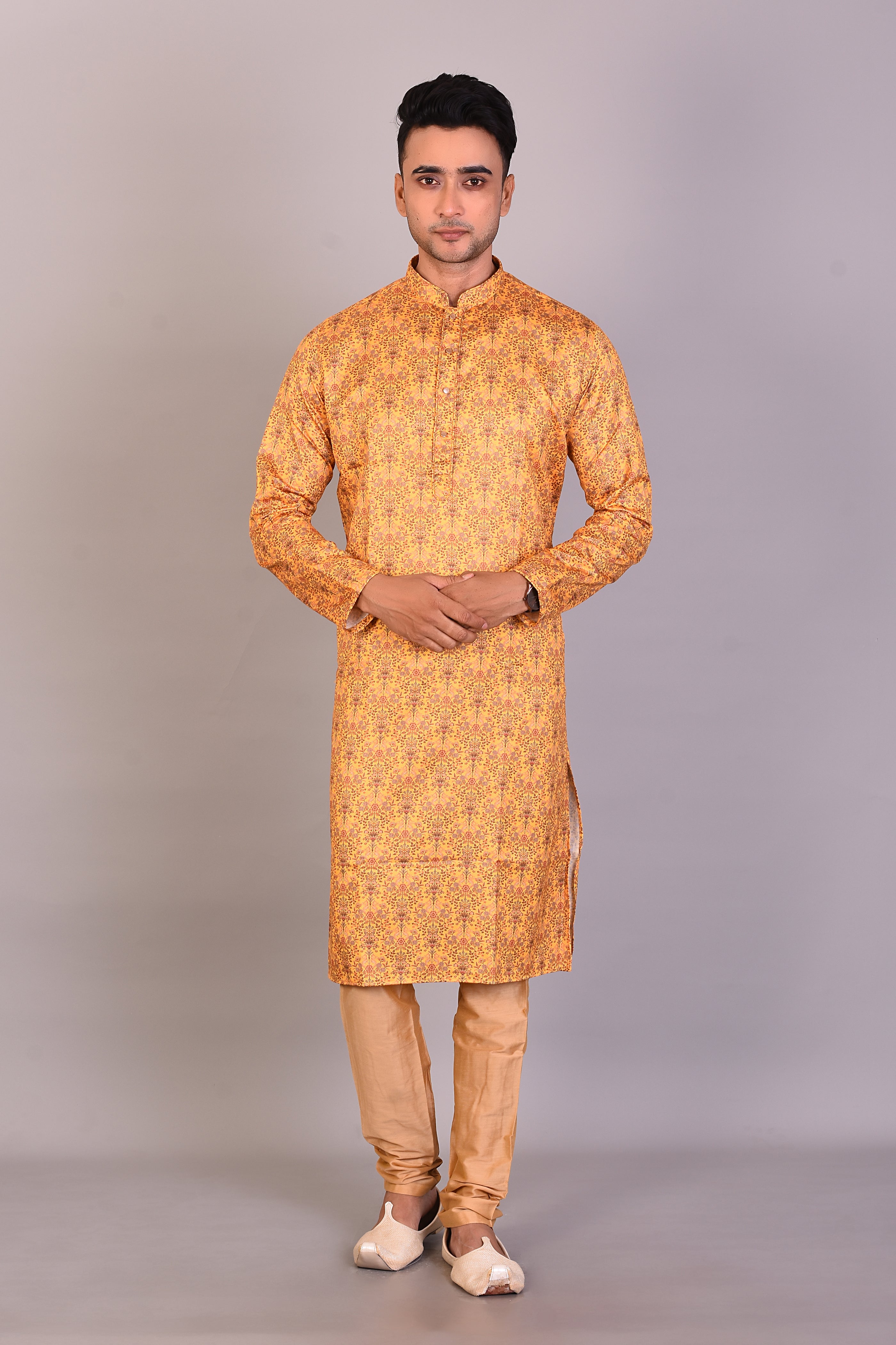 Long Yellow Printed Silk Kurta with Full Sleeves