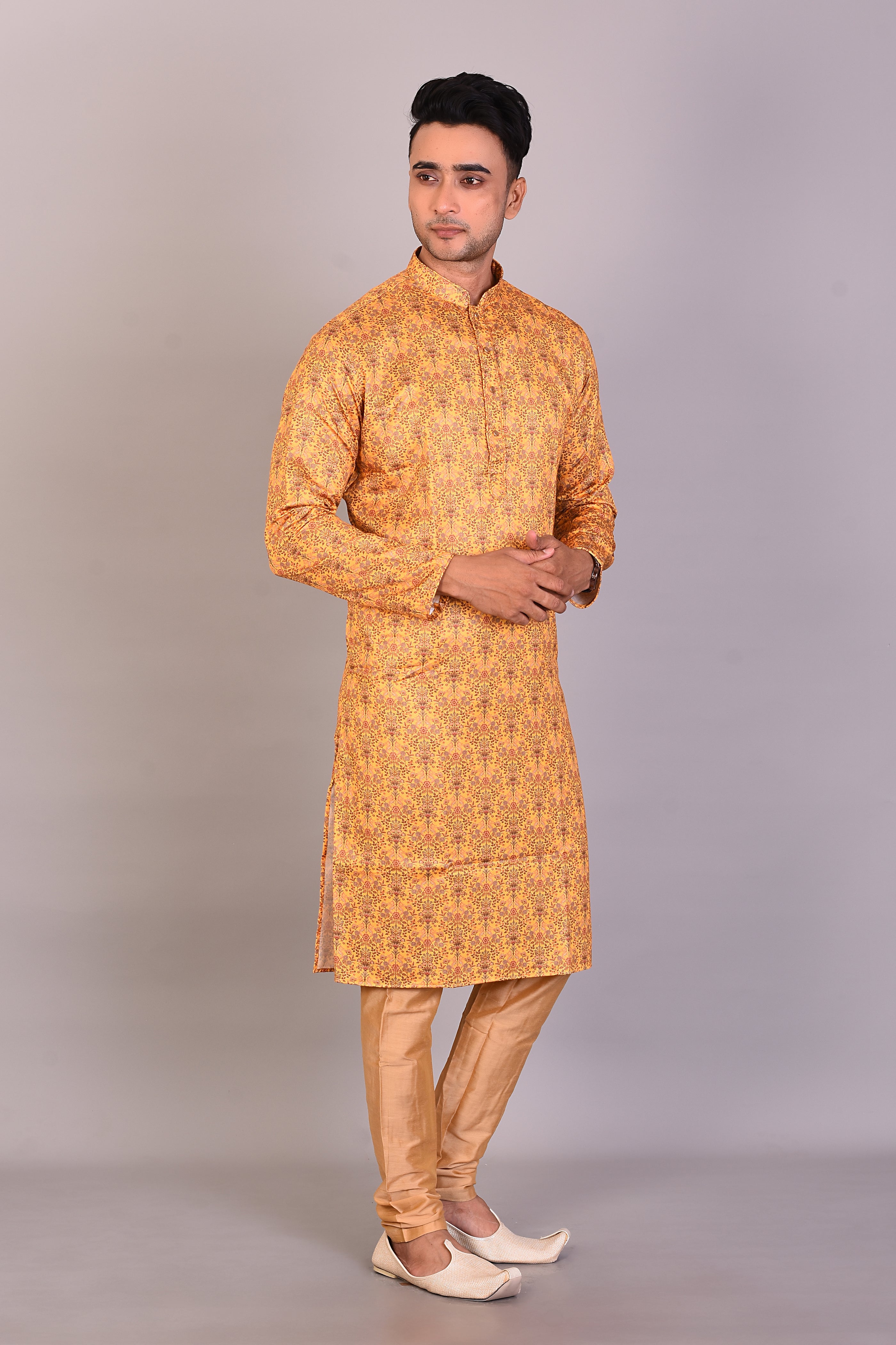 Long Yellow Printed Silk Kurta with Full Sleeves