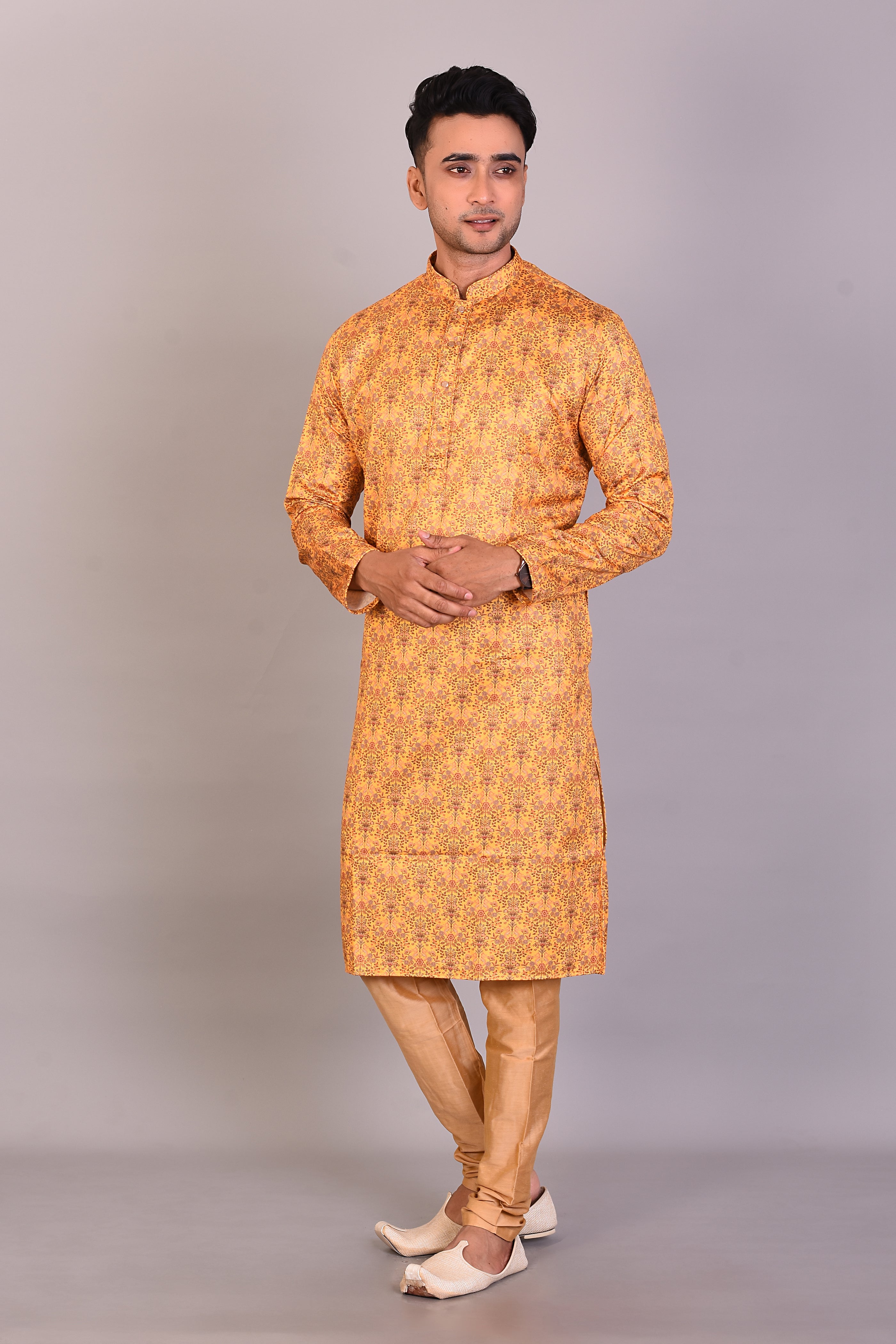 Long Yellow Printed Silk Kurta with Full Sleeves