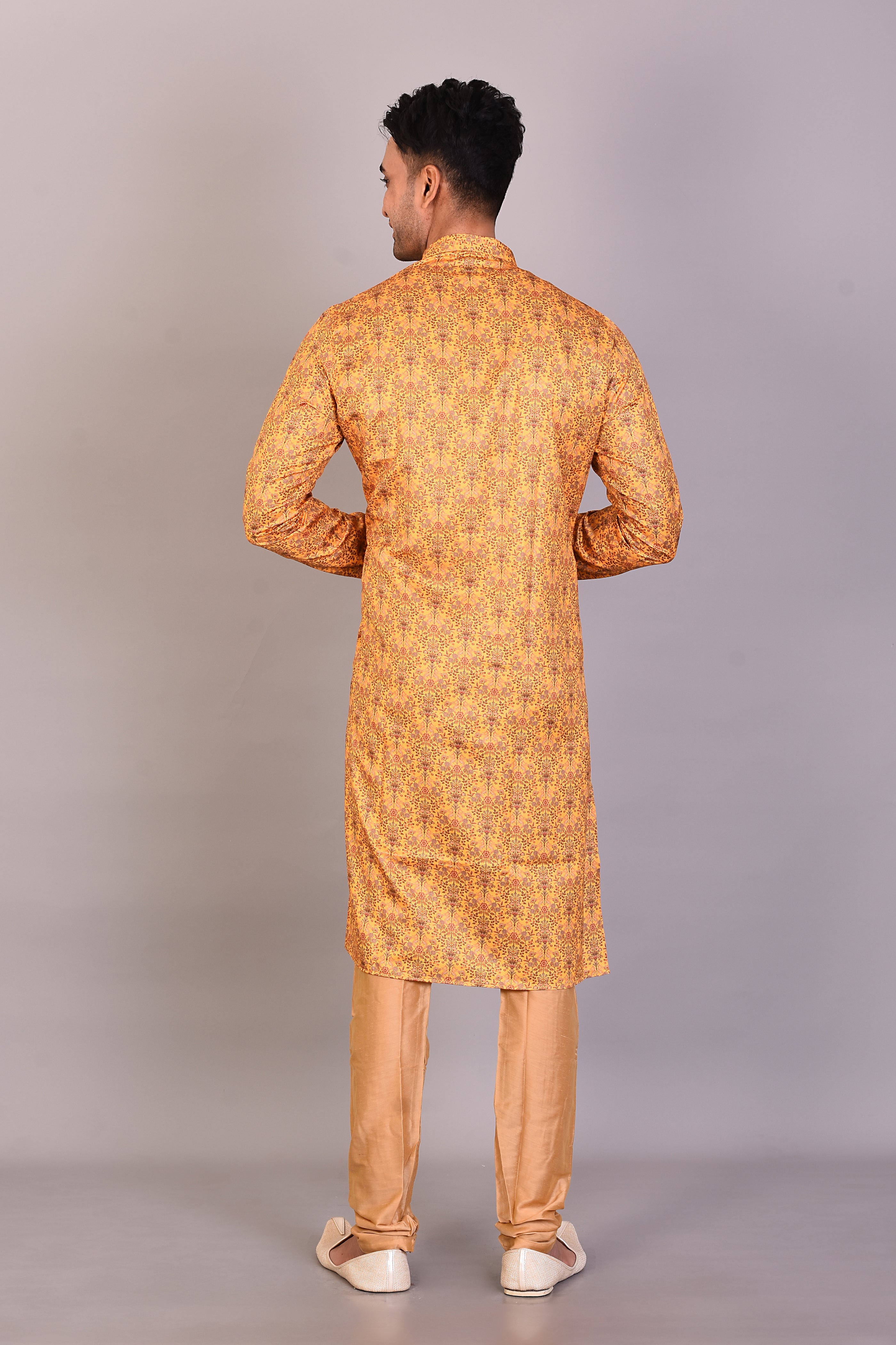 Long Yellow Printed Silk Kurta with Full Sleeves