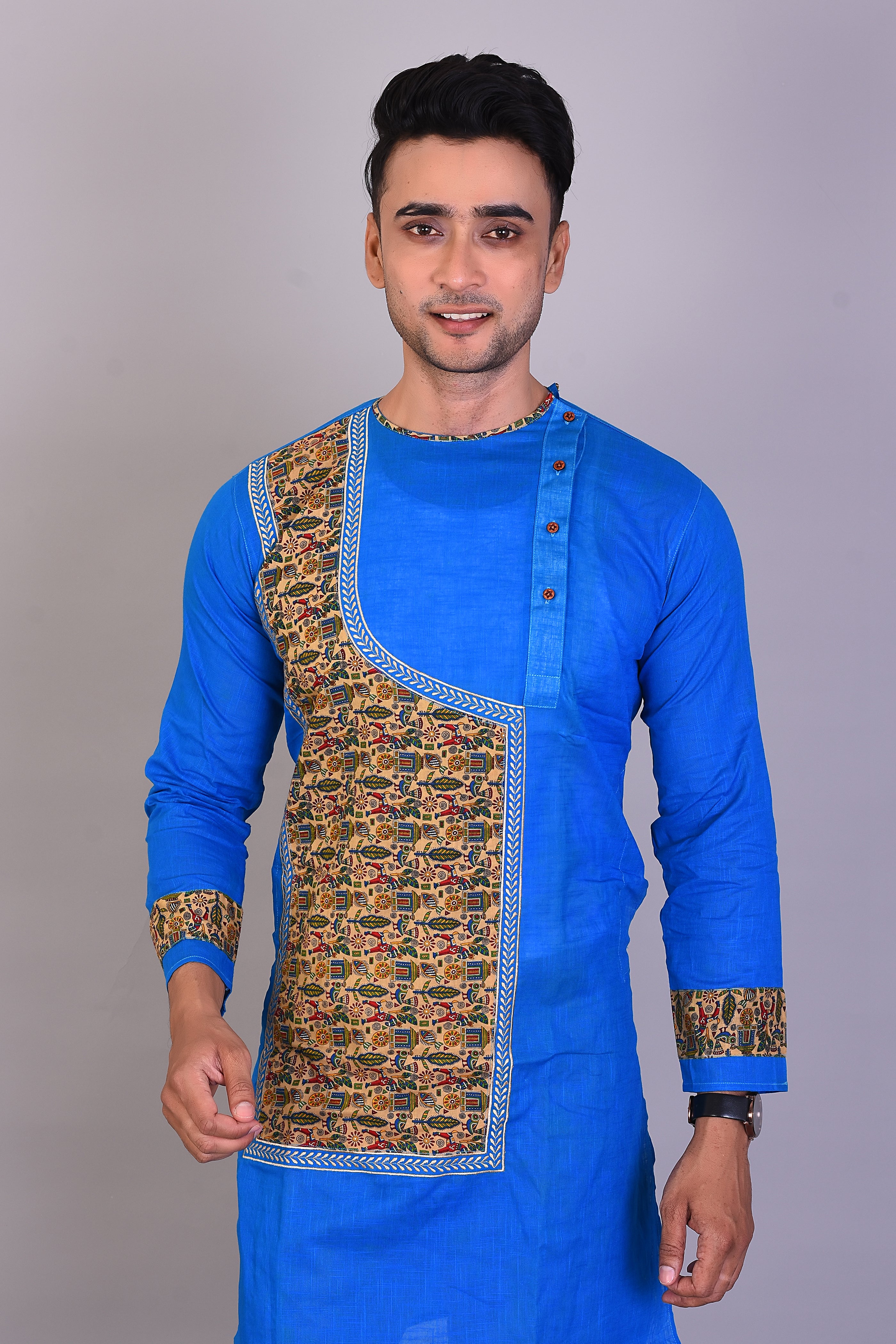 Long Blue Silk Kurta with Full Sleeves