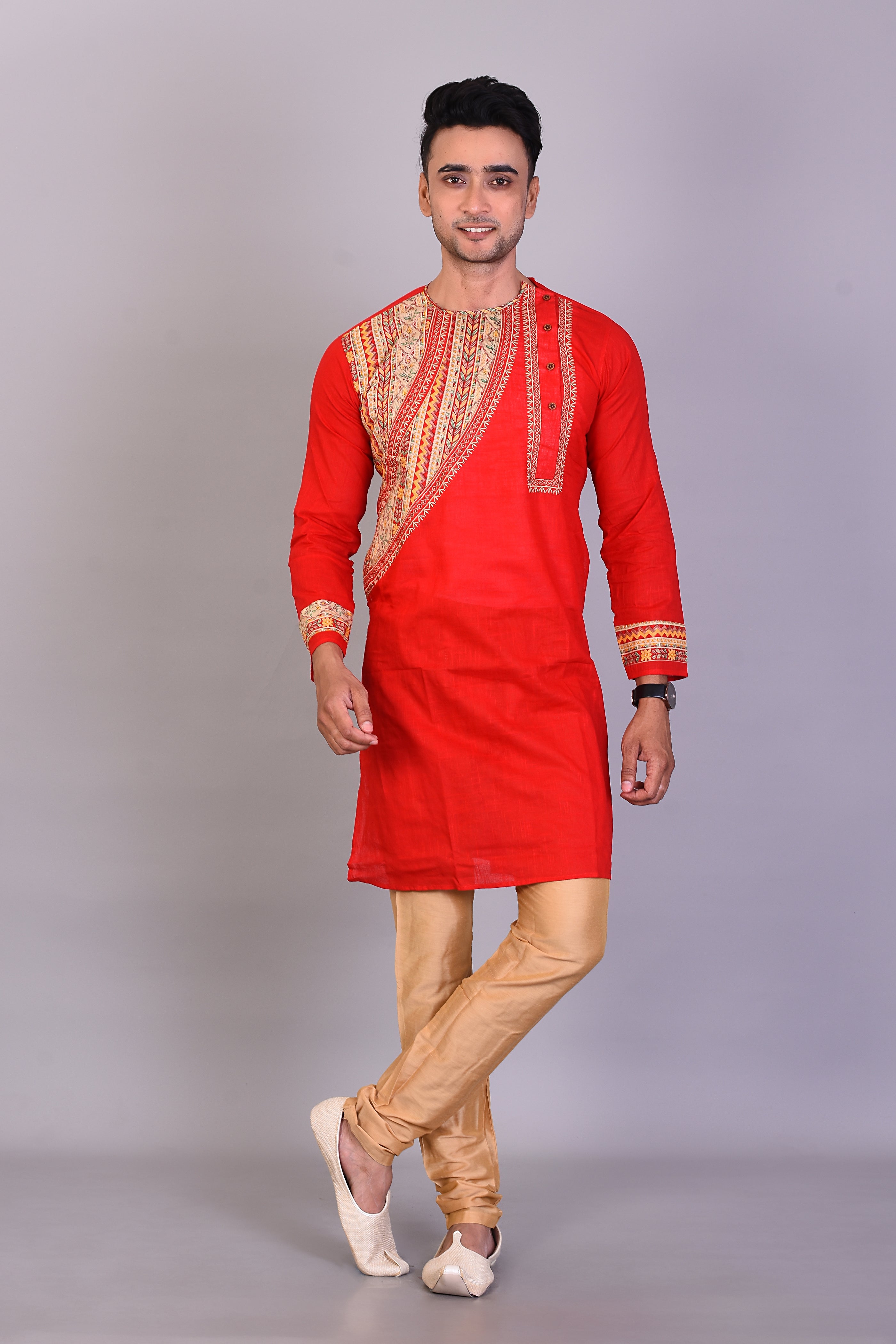 Long Red Silk Kurta with Full Sleeves