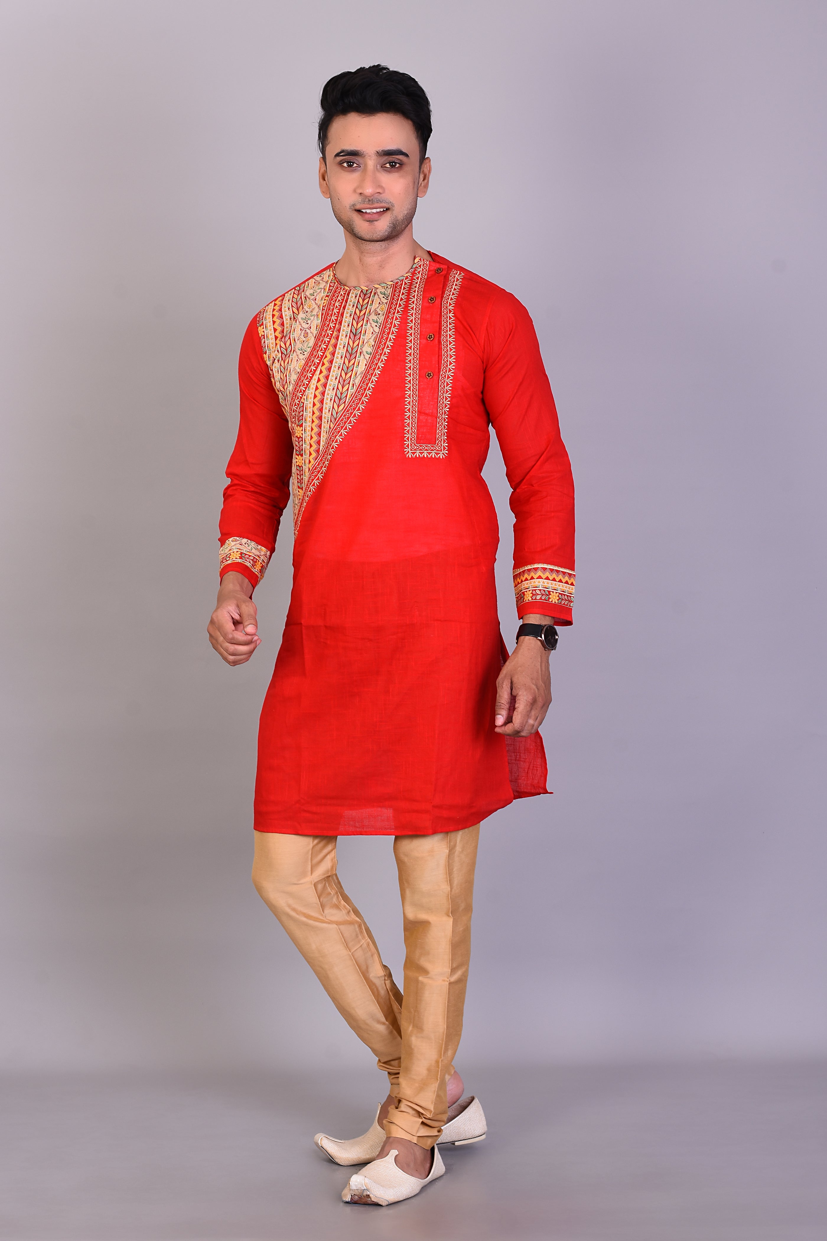 Long Red Silk Kurta with Full Sleeves