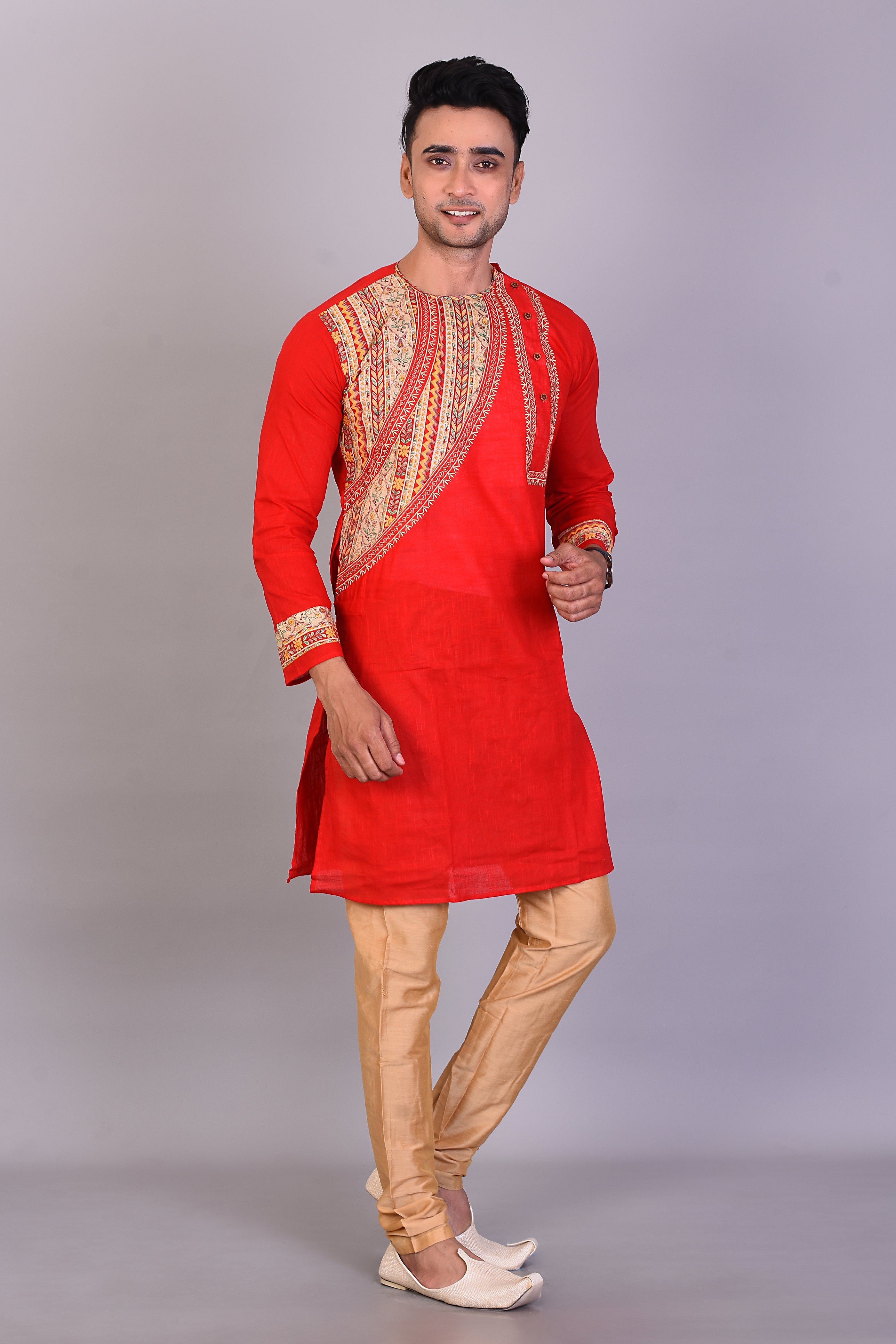 Long Red Silk Kurta with Full Sleeves