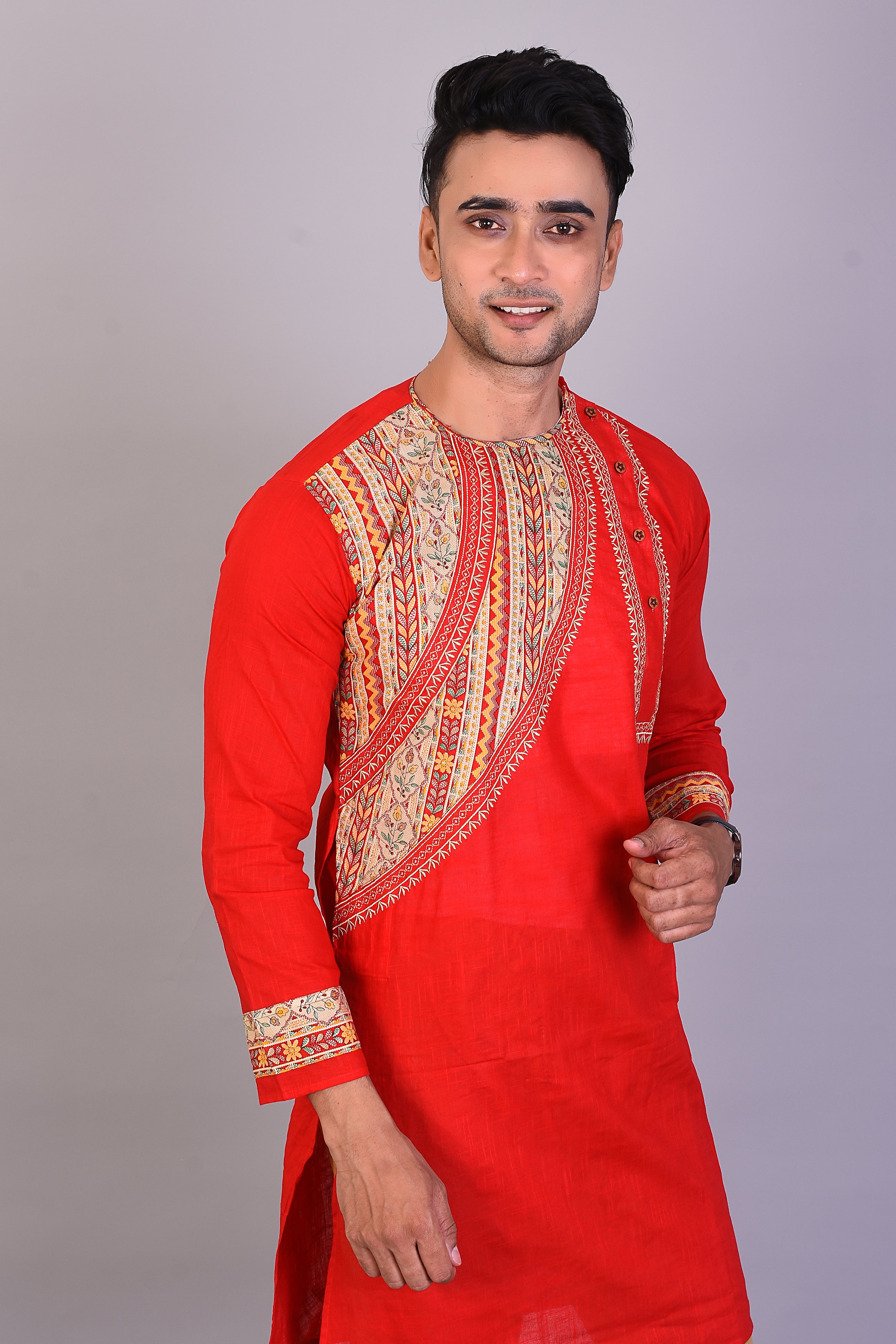 Long Red Silk Kurta with Full Sleeves