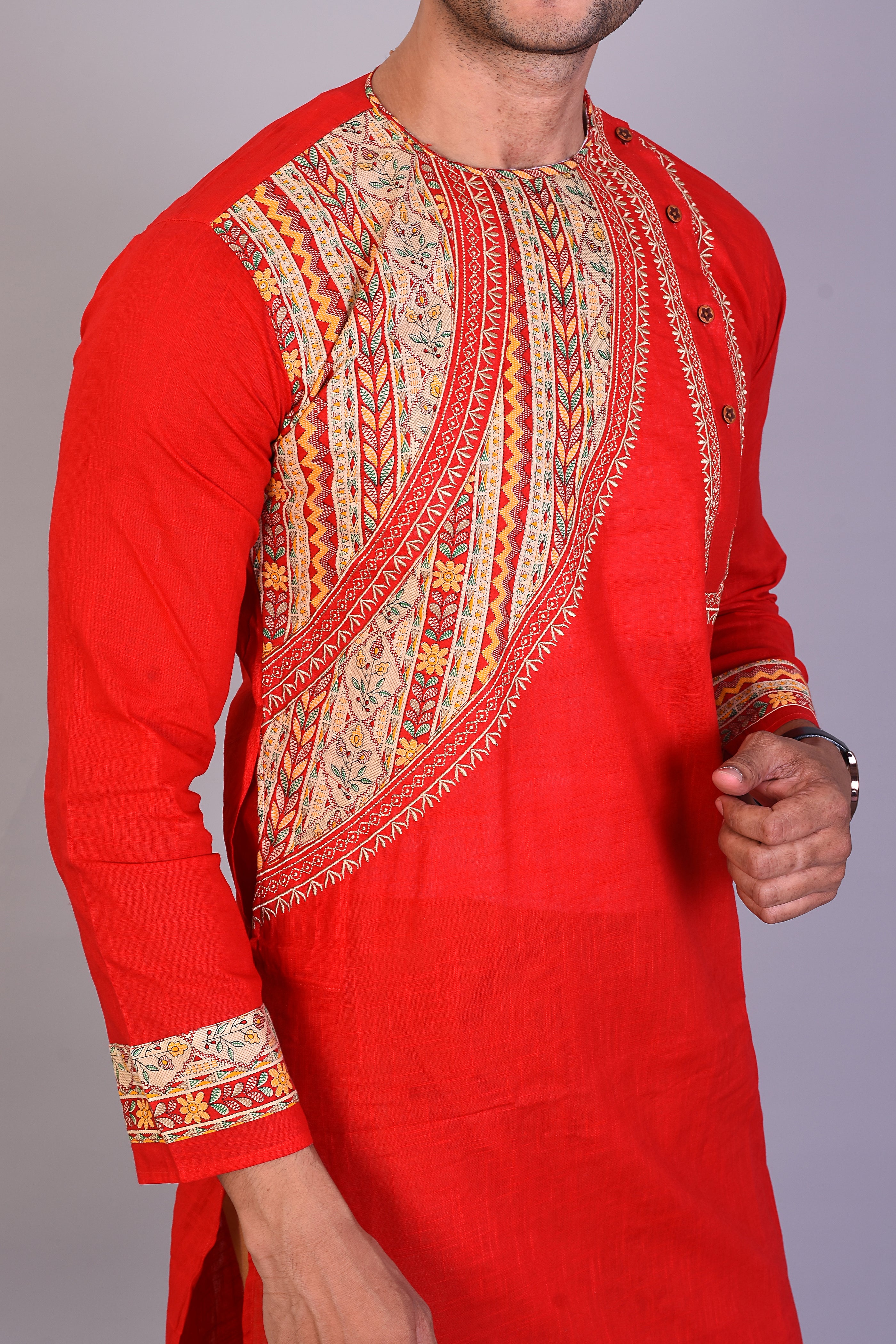 Long Red Silk Kurta with Full Sleeves