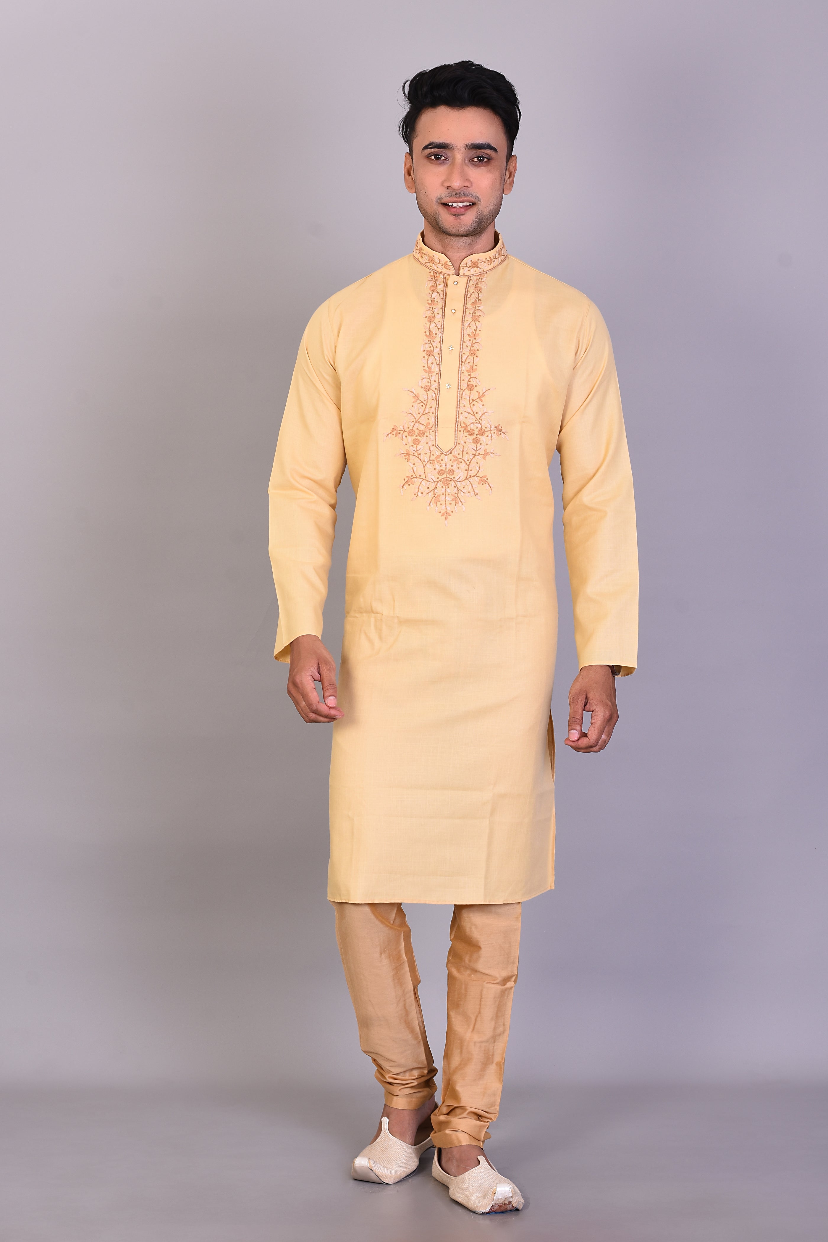 Long Beige Silk Kurta with Full Sleeves