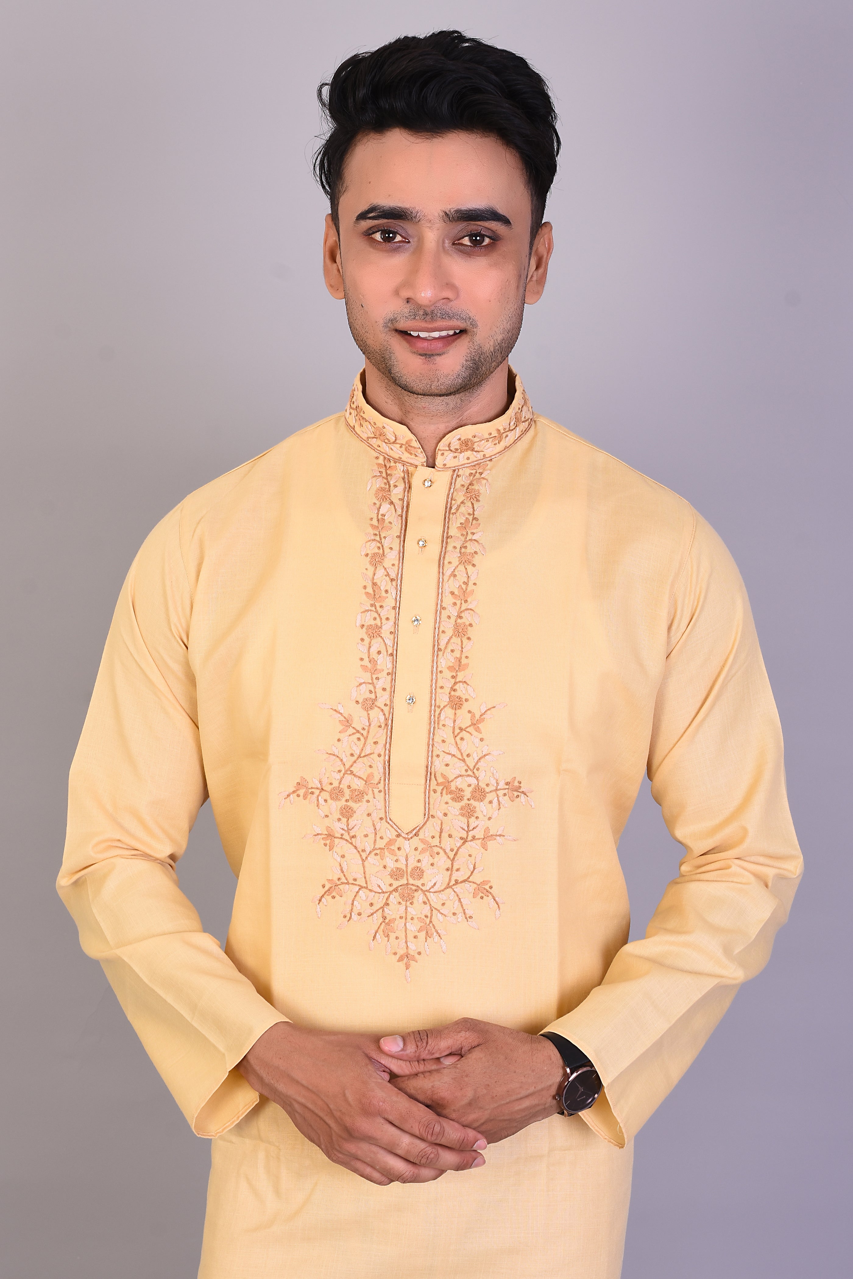 Long Beige Silk Kurta with Full Sleeves