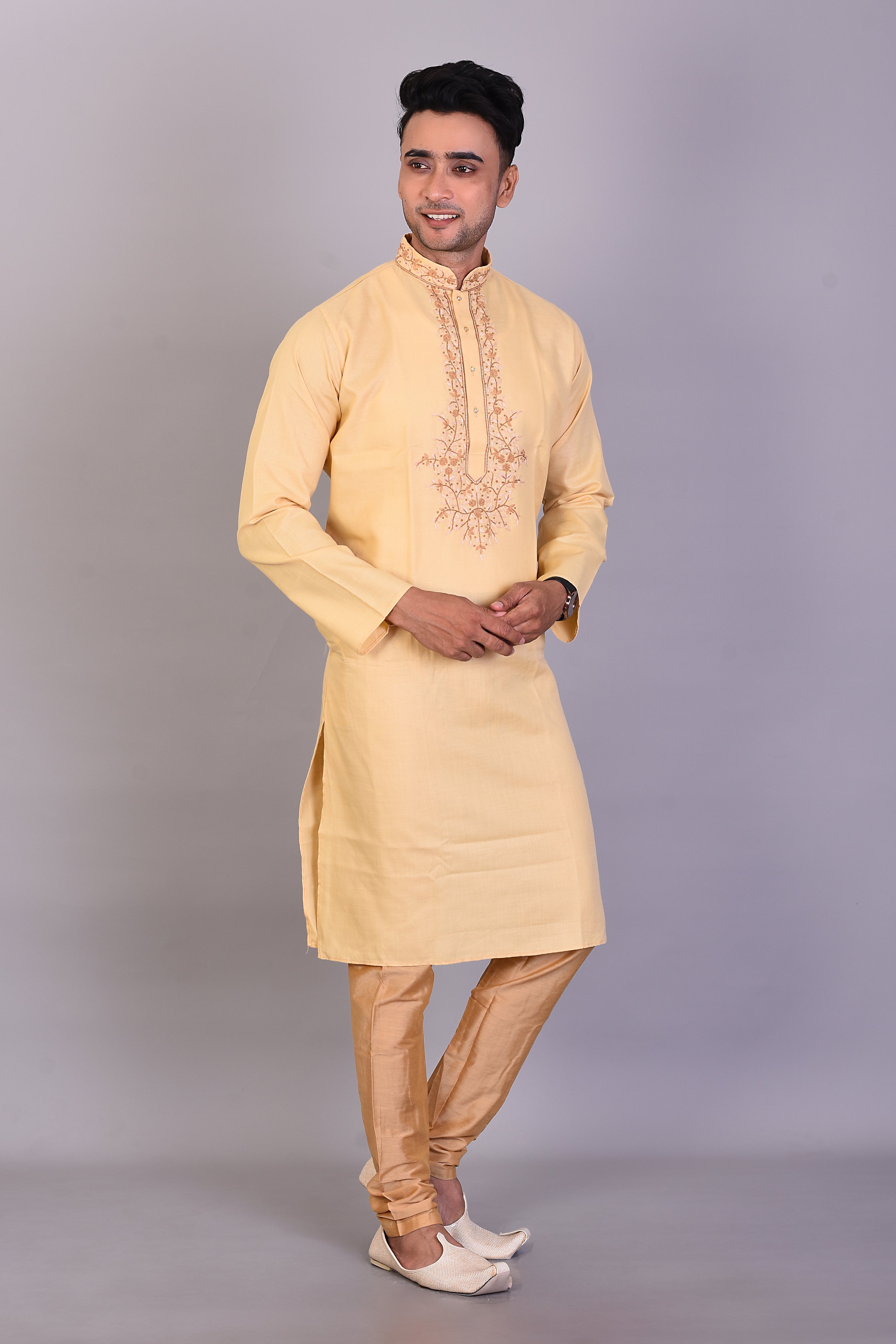Long Beige Silk Kurta with Full Sleeves