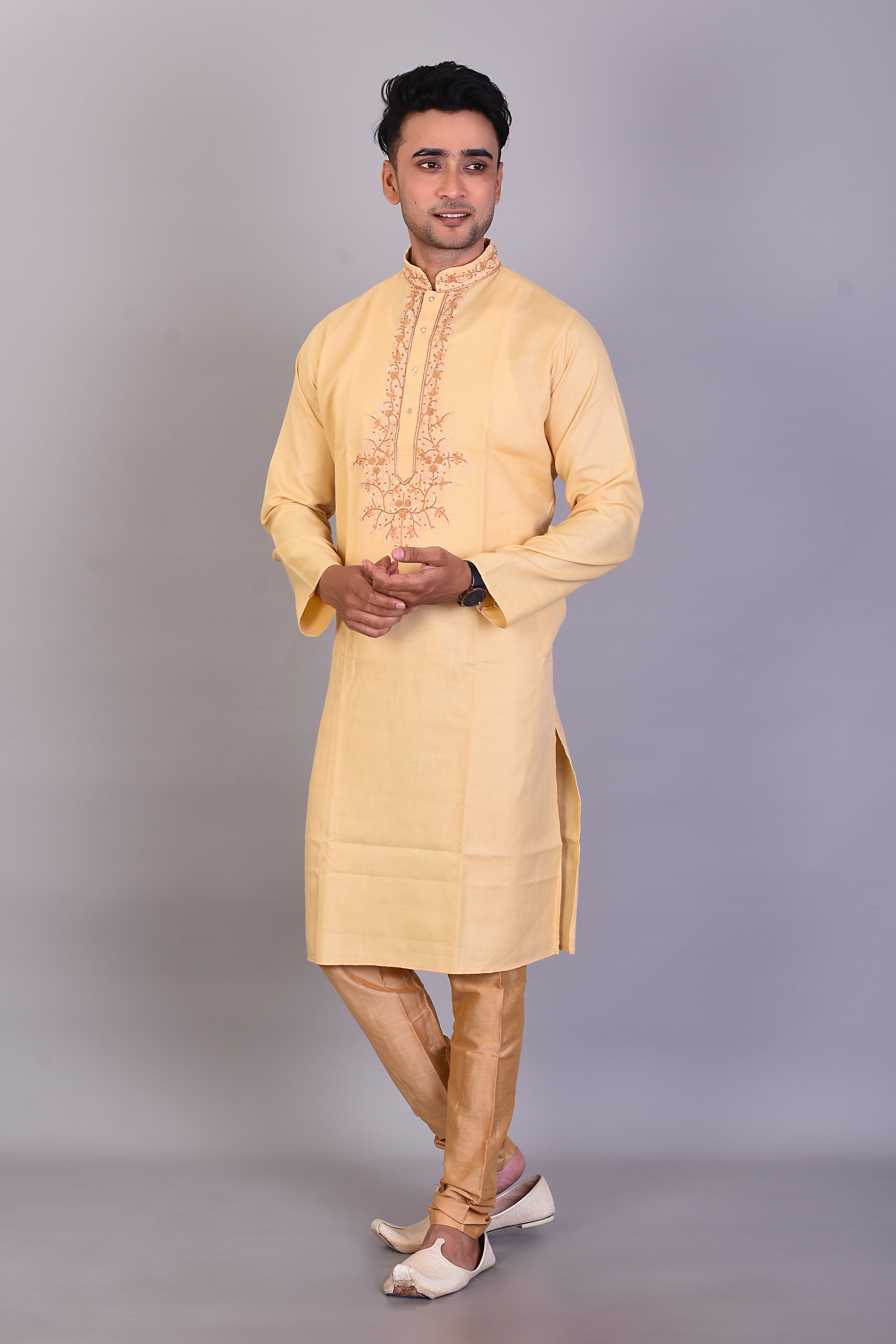 Long Beige Silk Kurta with Full Sleeves