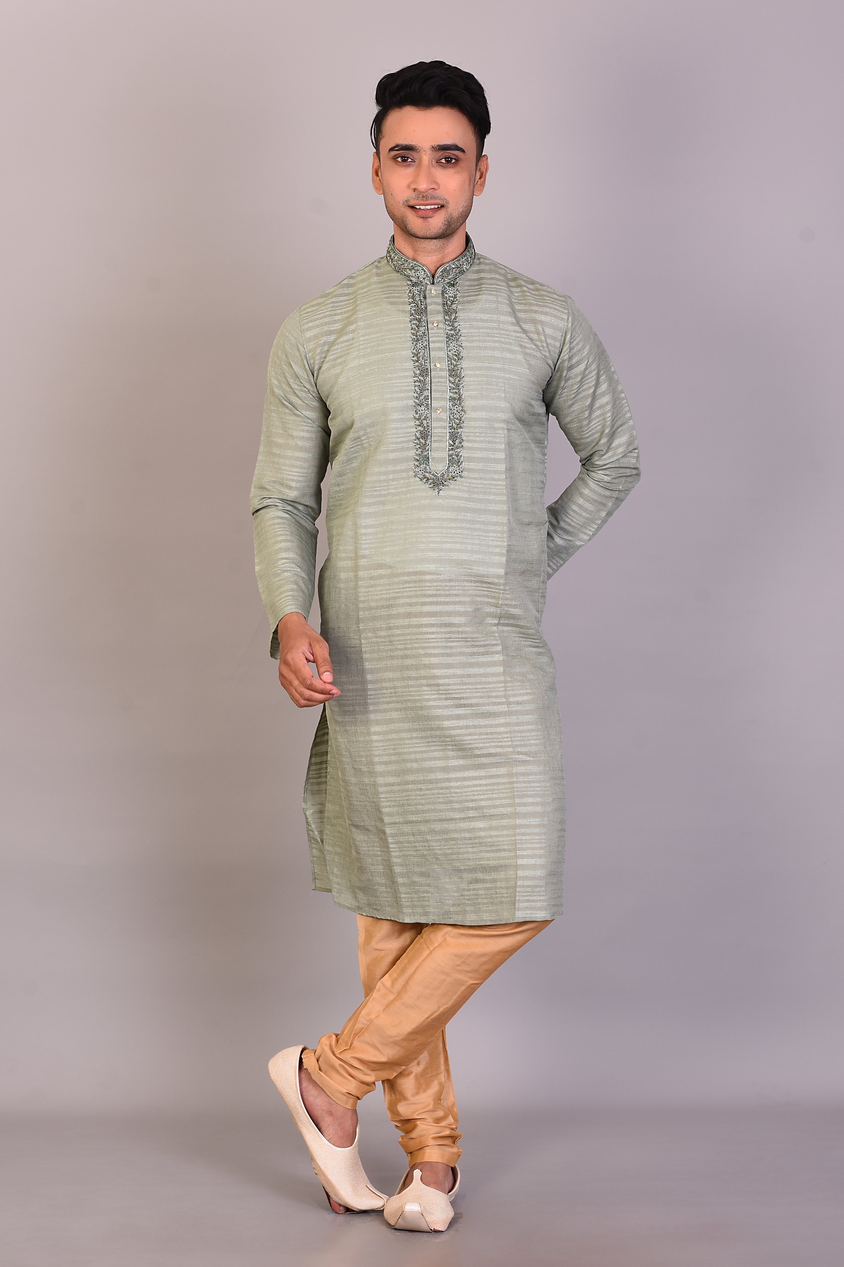 Long Olive Silk Kurta with Full Sleeves