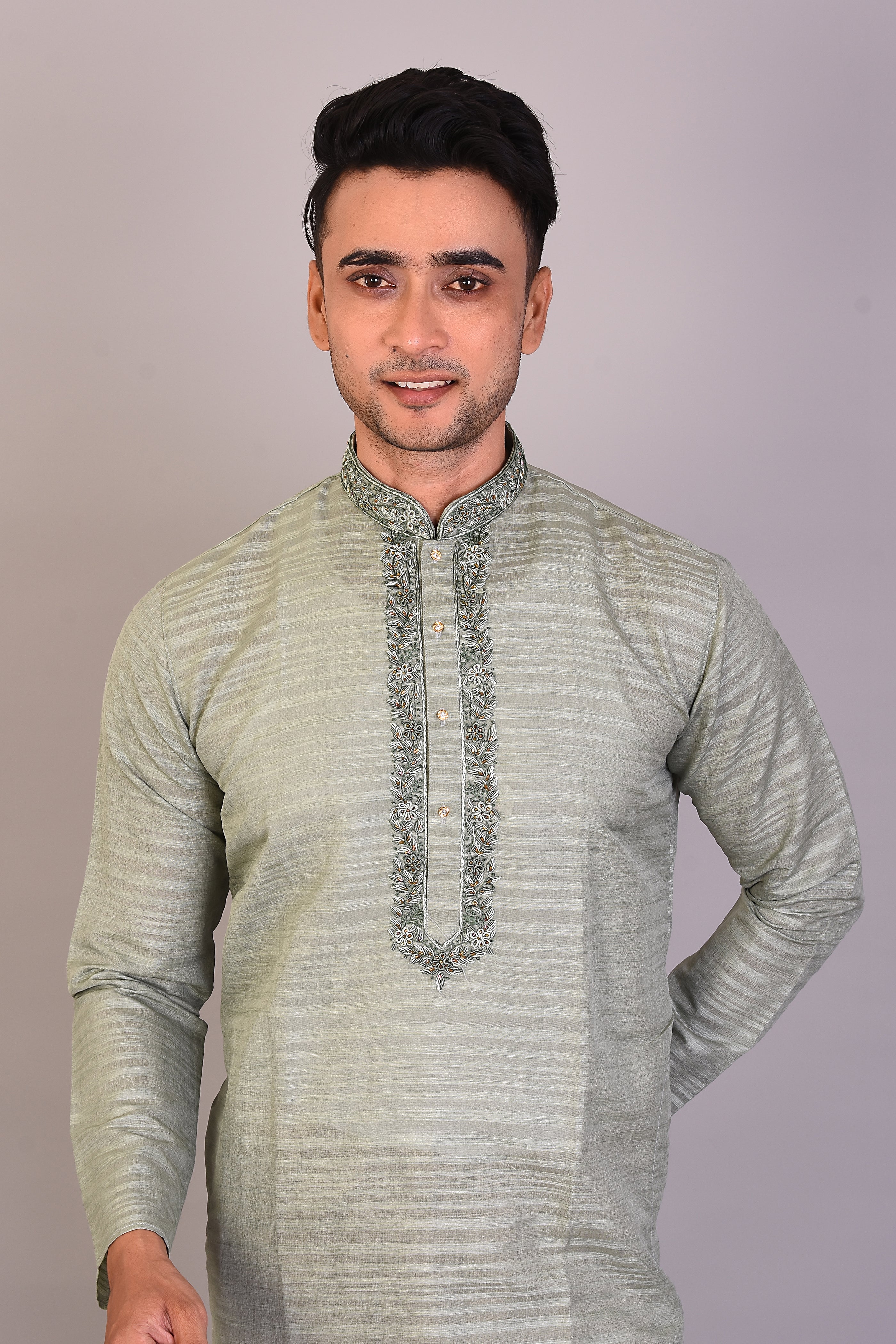 Long Olive Silk Kurta with Full Sleeves